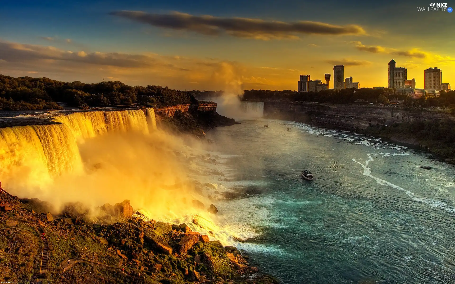 waterfall, Foam, Town, water