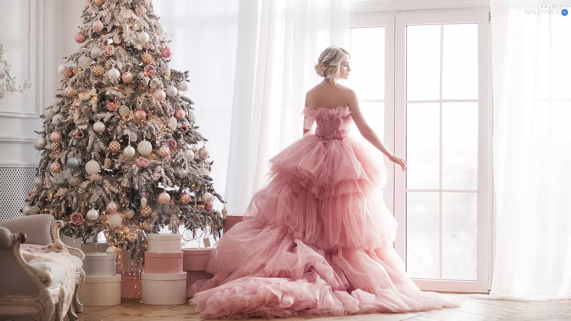Pink, Women, christmas tree, Window, Dress, Blonde