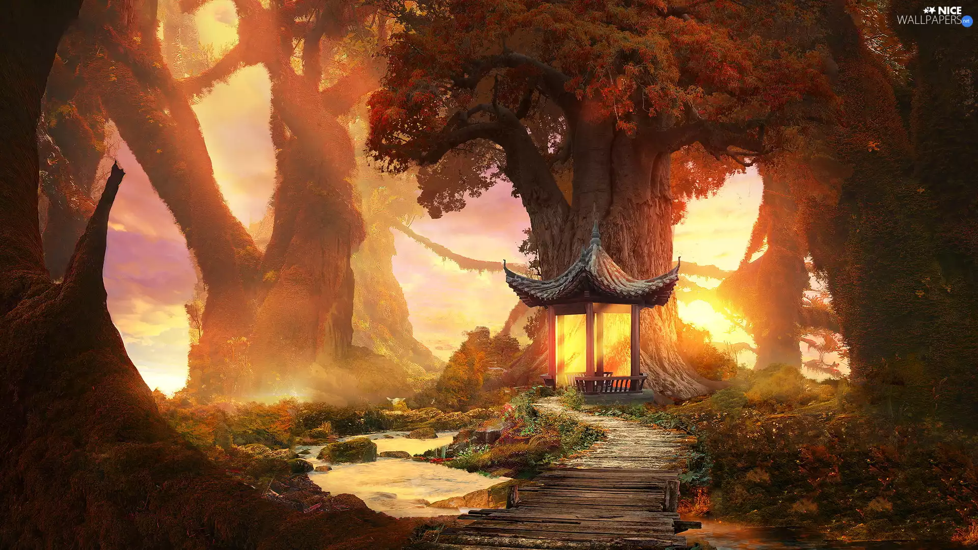 viewes, forest, autumn, trees, graphics, River, arbour