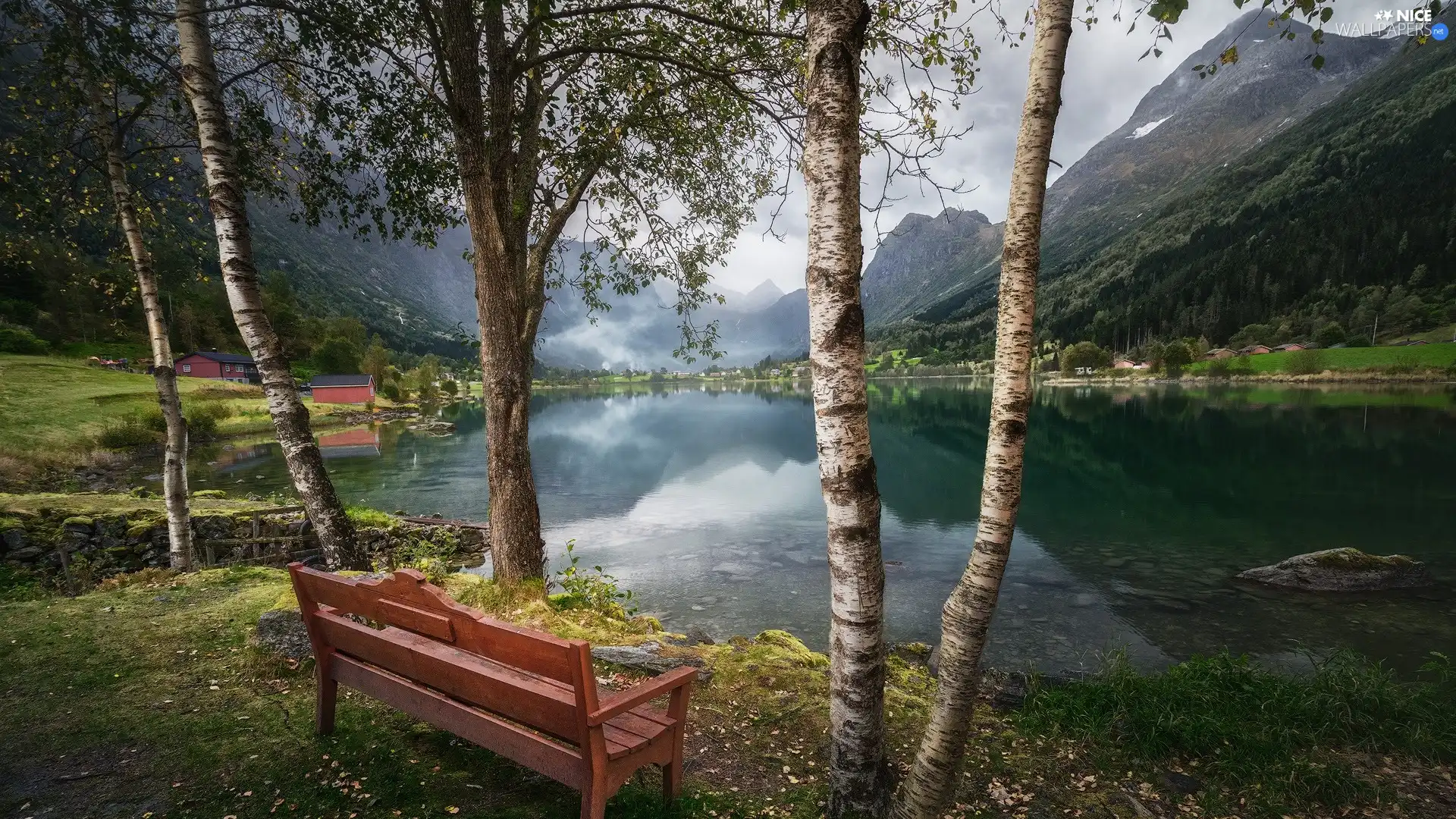 viewes, lake, Bench, trees, Mountains, birch, clouds