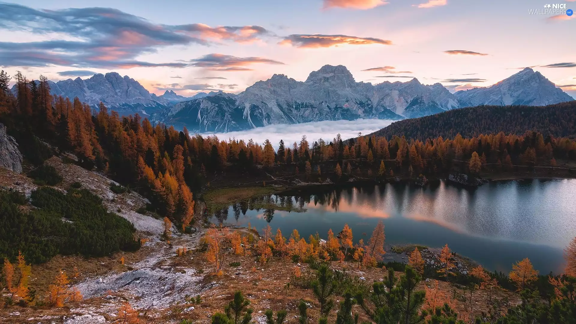 viewes, forest, clouds, trees, Mountains, lake, autumn