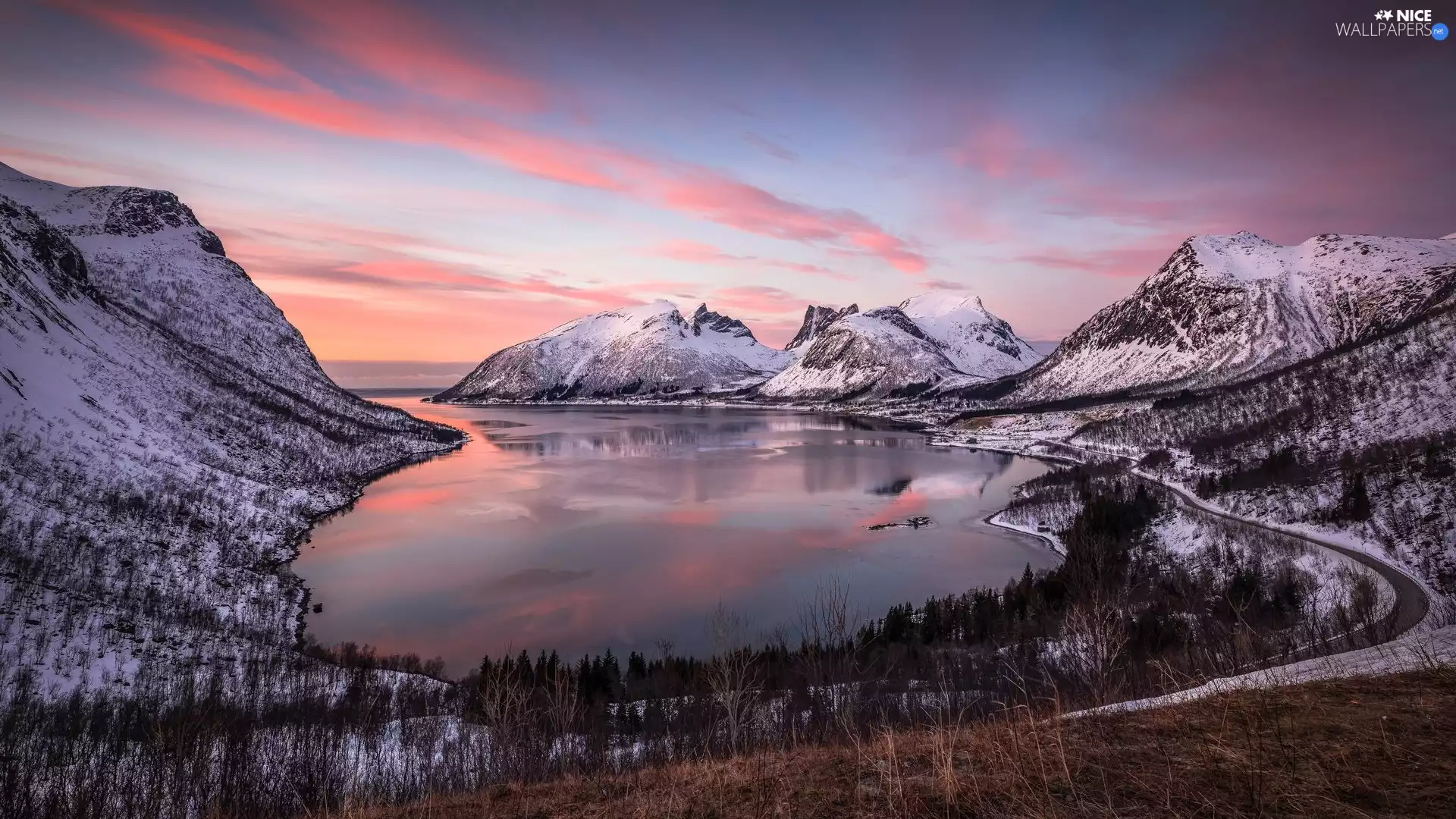 sea, Gulf, clouds, Way, viewes, Mountains, winter, trees