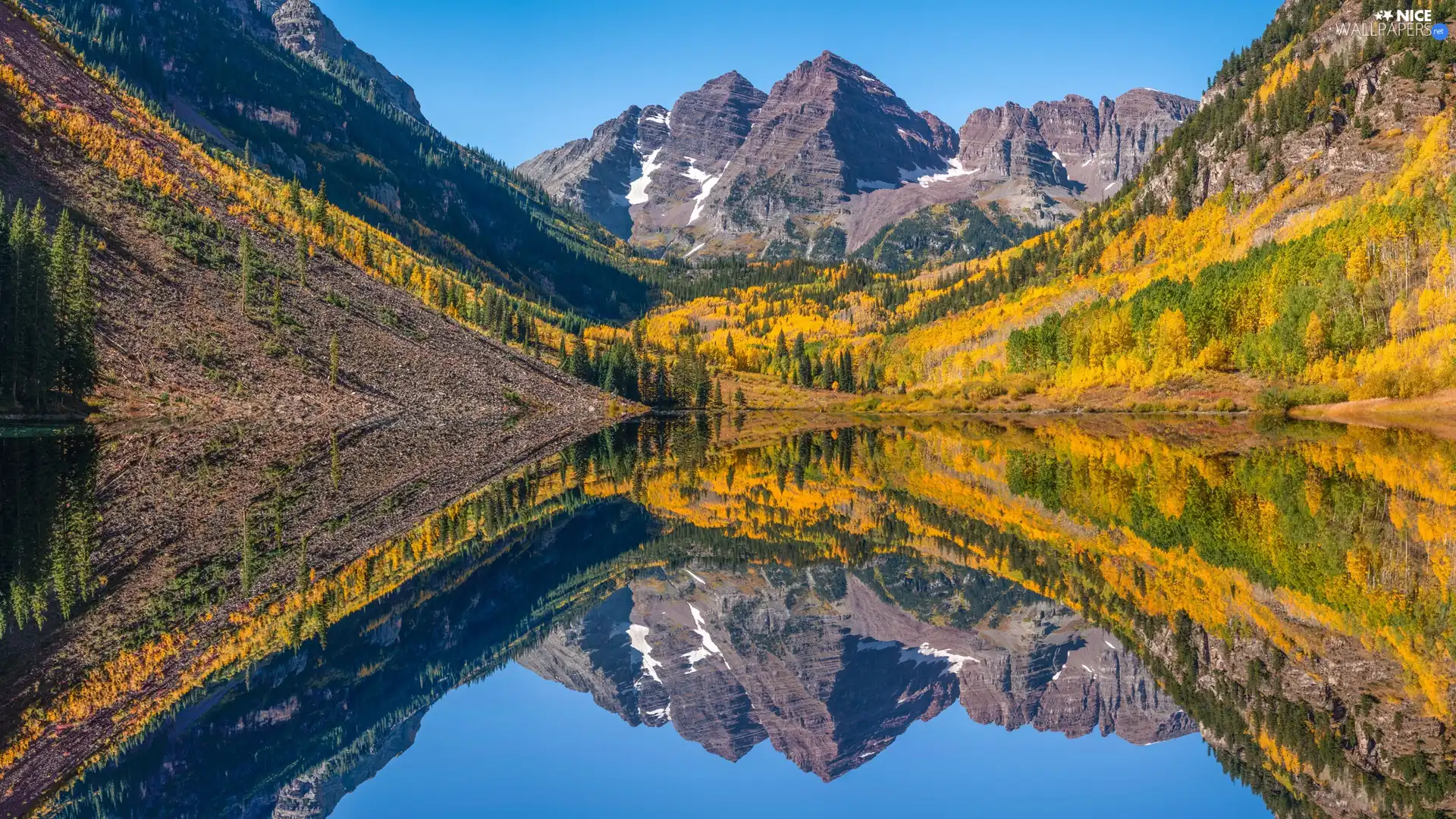 Maroon Lake, autumn, The United States, trees, State of Colorado, Maroon Bells Peaks, rocky mountains, viewes