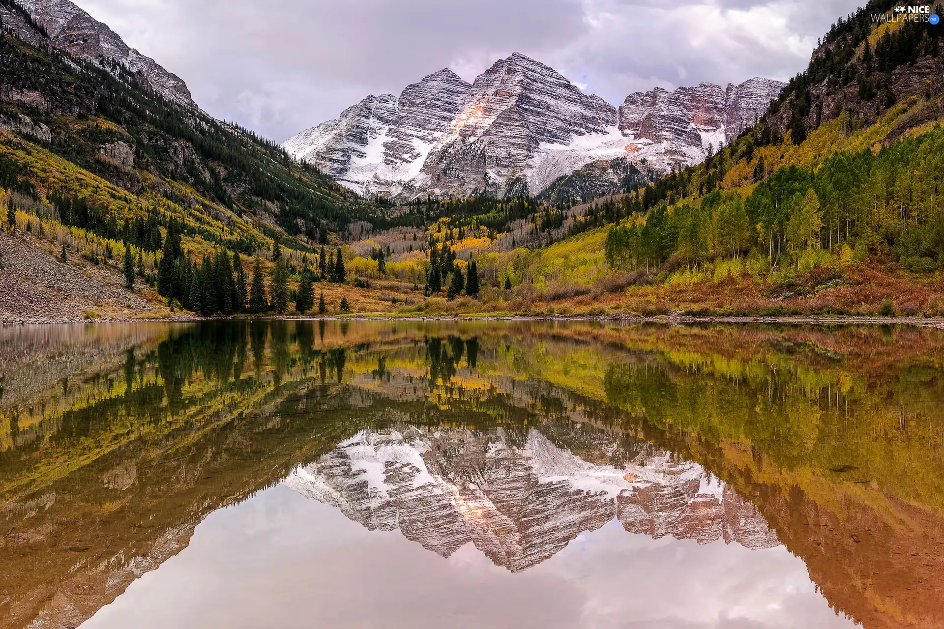 snow, Maroon Lake, The United States, trees, State of Colorado, Maroon Bells Peaks, rocky mountains, viewes