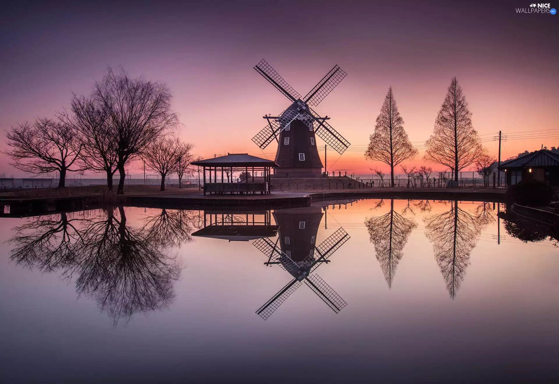 viewes, Windmill, east, trees, lake, reflection, sun