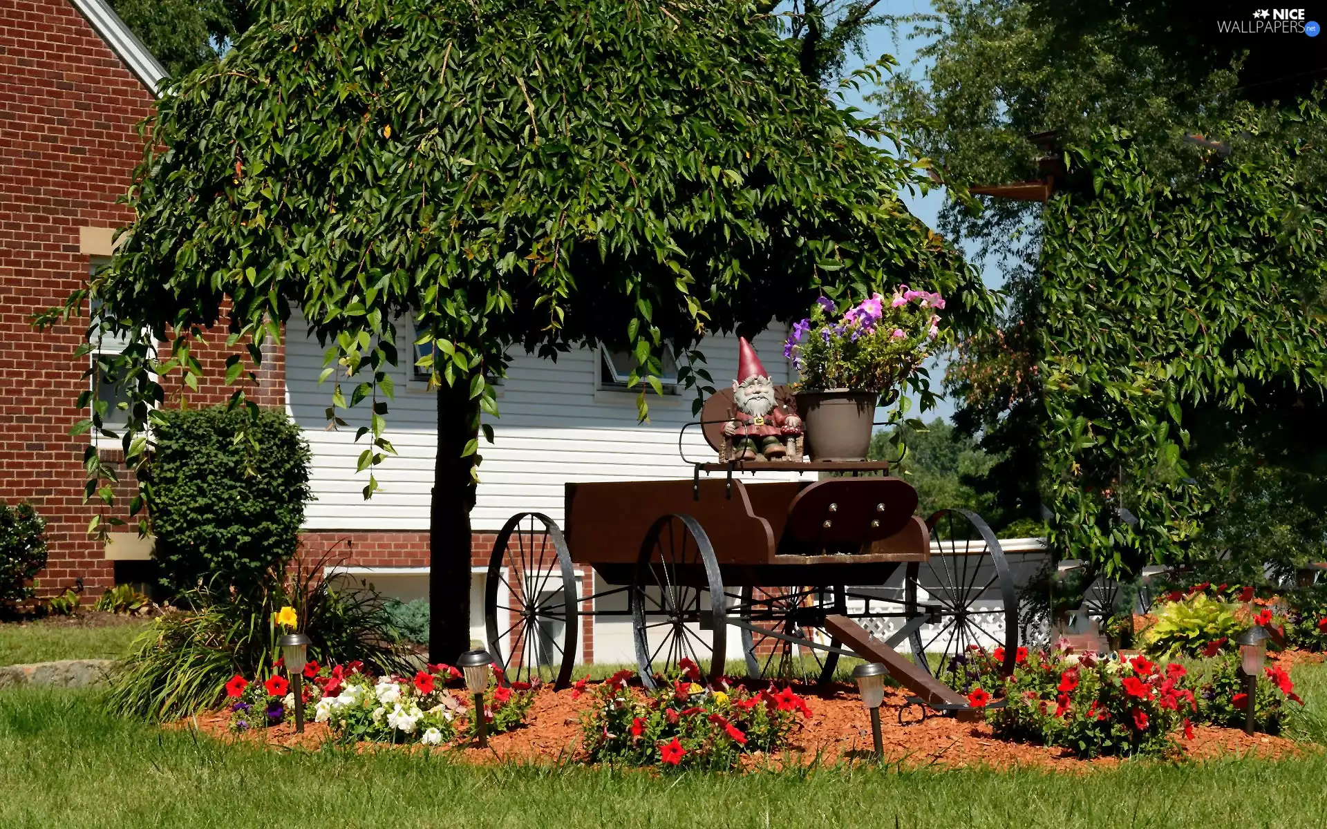house, wagon, Flowers, dwarf, viewes, garden, summer, trees