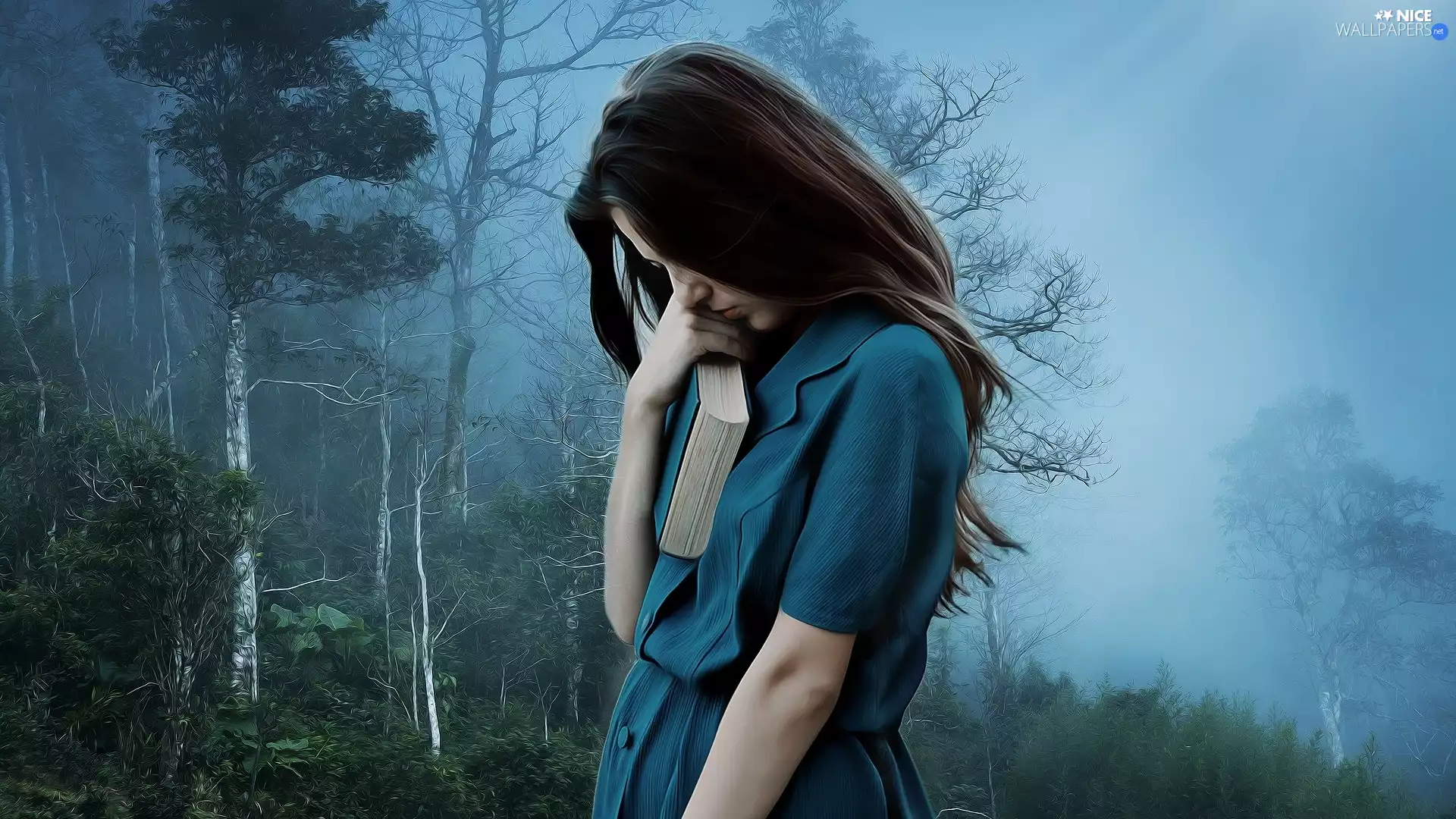 dress, Book, Fog, forest, viewes, Green, Women, trees