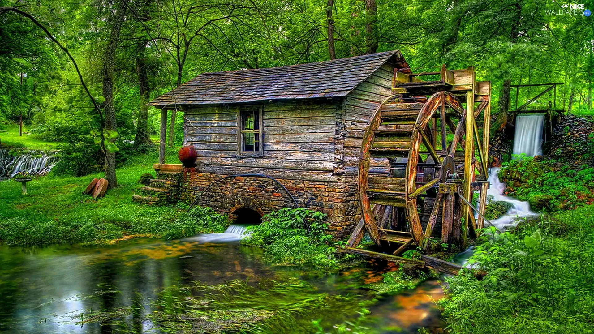 mill, River, viewes, circle, Spring, trees, green