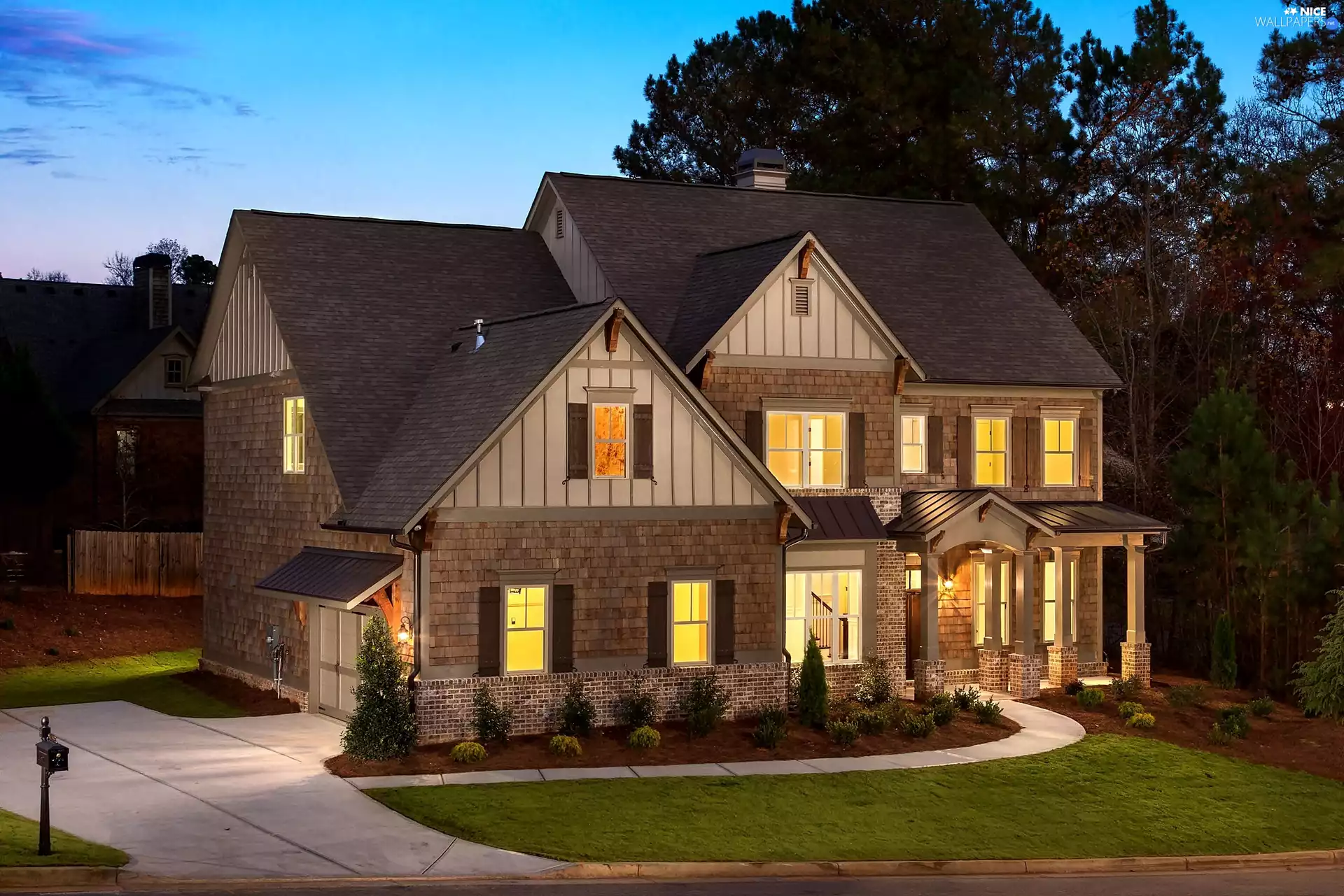 viewes, Dusk, Lawn, trees, Lightened House