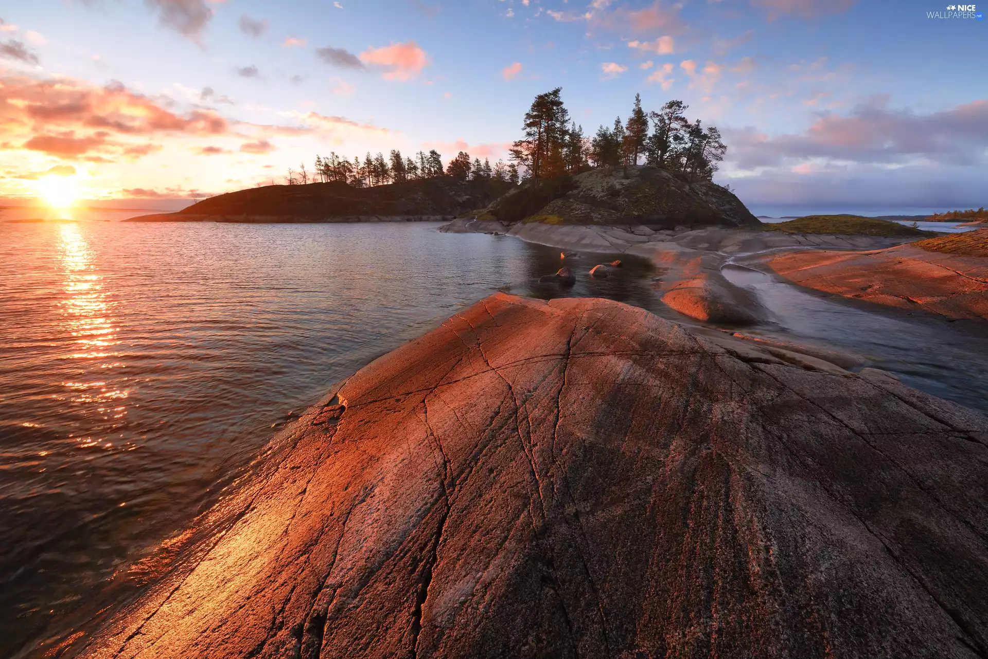 trees, viewes, Russia, clouds, Karelia, rocks, Lake Ladoga, Sunrise