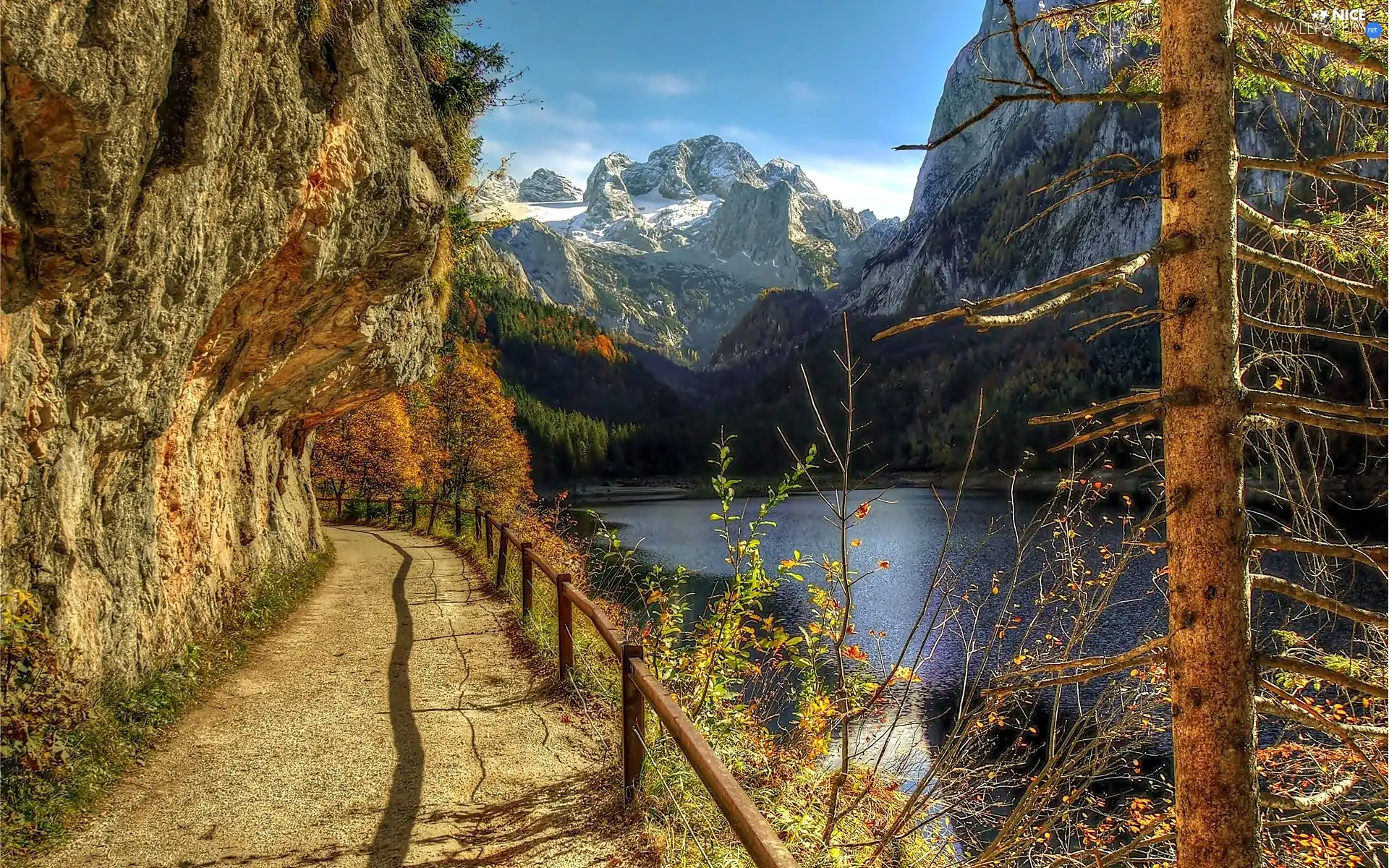 lake, Way, trees, Mountains