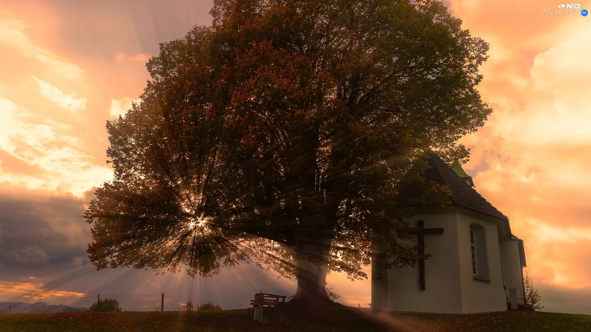 chapel, church, light breaking through sky, Bench, trees