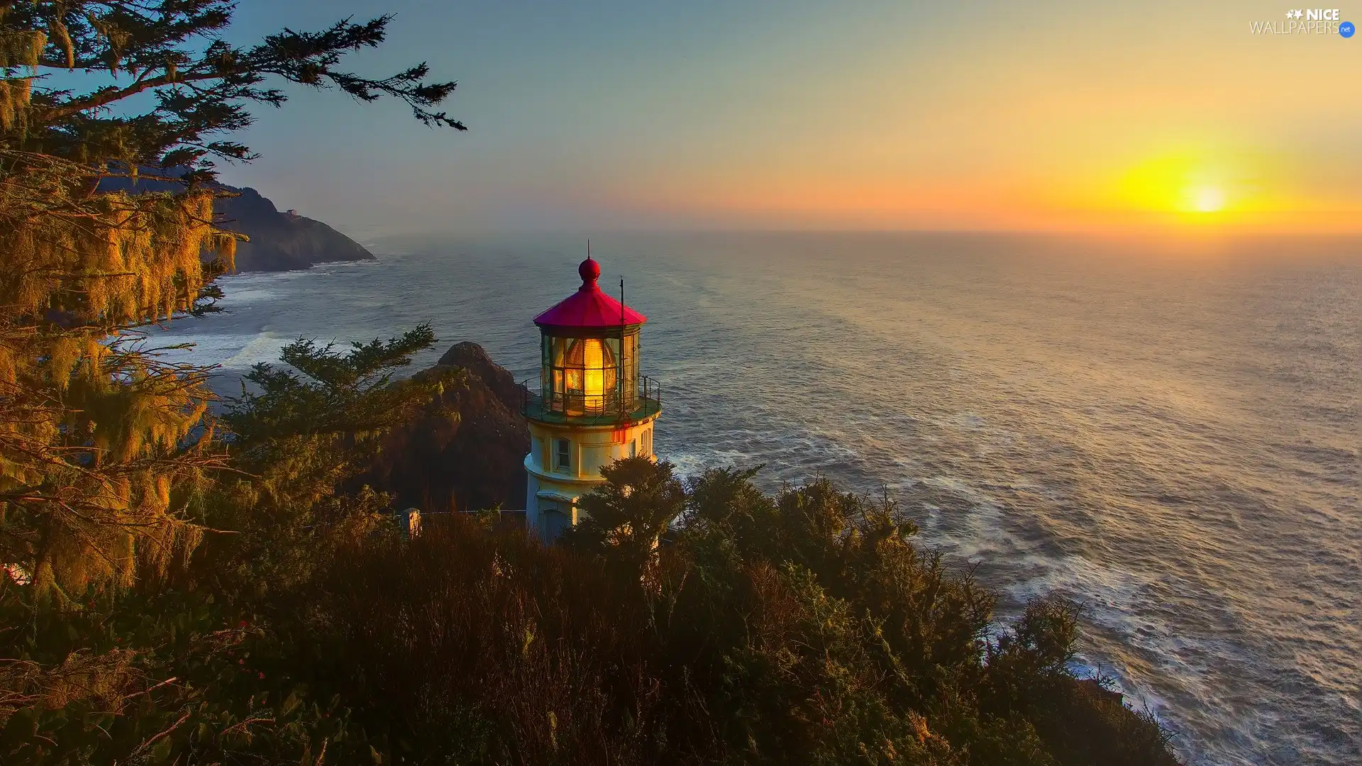 coast, sun, viewes, sea, west, trees, Lighthouse