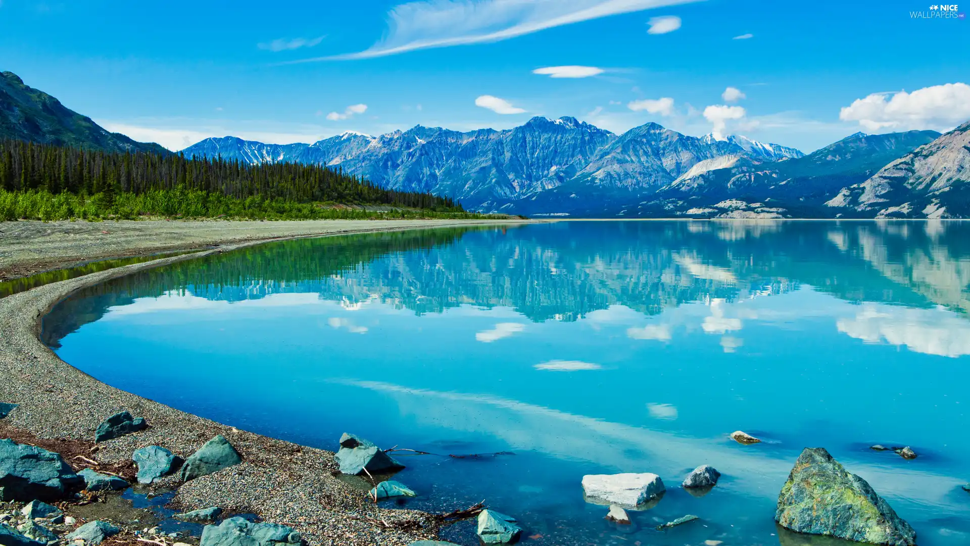 lake, coast, Mountains, Stones, viewes, water, Blue, trees