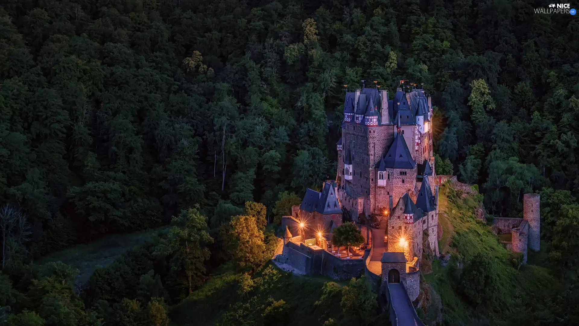 Floodlit, Eifel Mountains, Eltz Castle, Night, Municipality Wierschem, Germany, trees, viewes, forest
