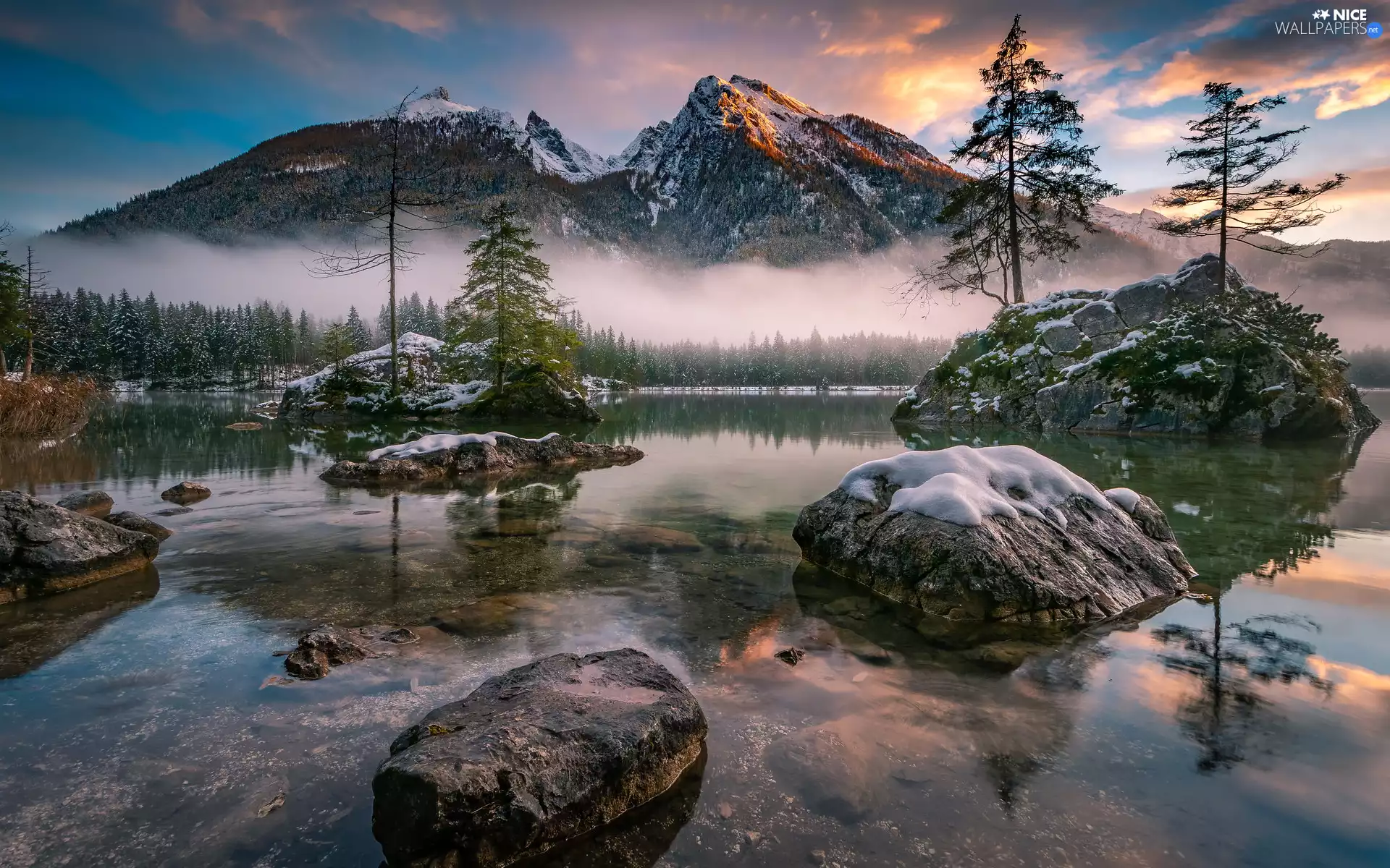 Lake Hintersee, Germany, trees, rocks, snow, Fog, reflection, Alps Mountains, Bavaria, winter, viewes