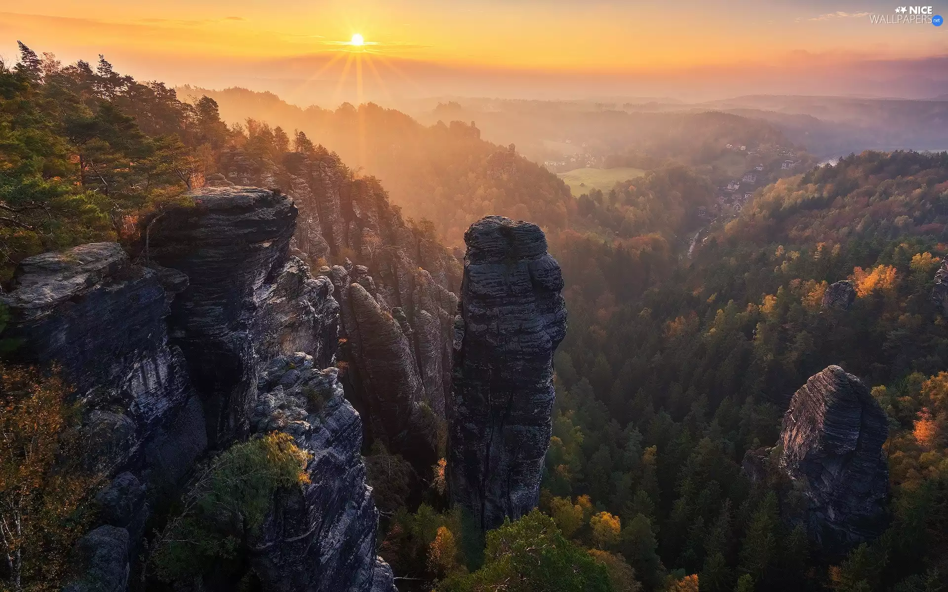 Děčínská vrchovina, rocks, rays of the Sun, trees, Sunrise, Saxon Switzerland National Park, Germany, viewes