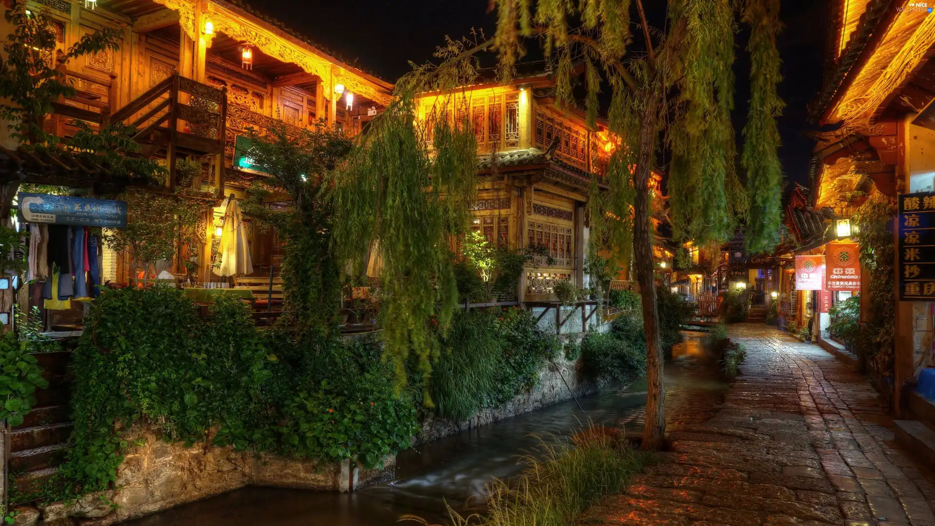 trees, Plants, alley, Restaurant, China