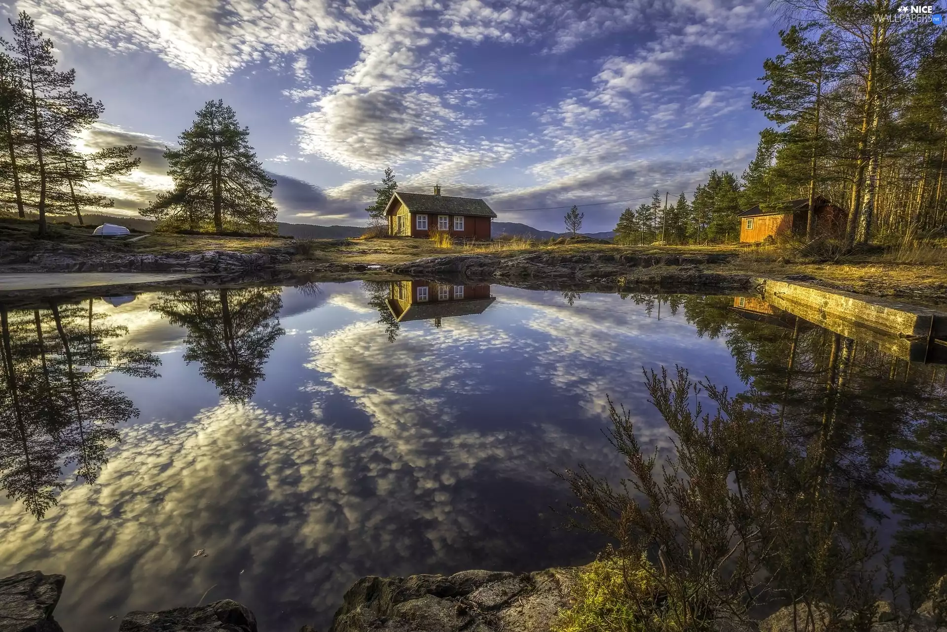 lake, house, reflection, clouds, viewes, Norway, Ringerike, trees
