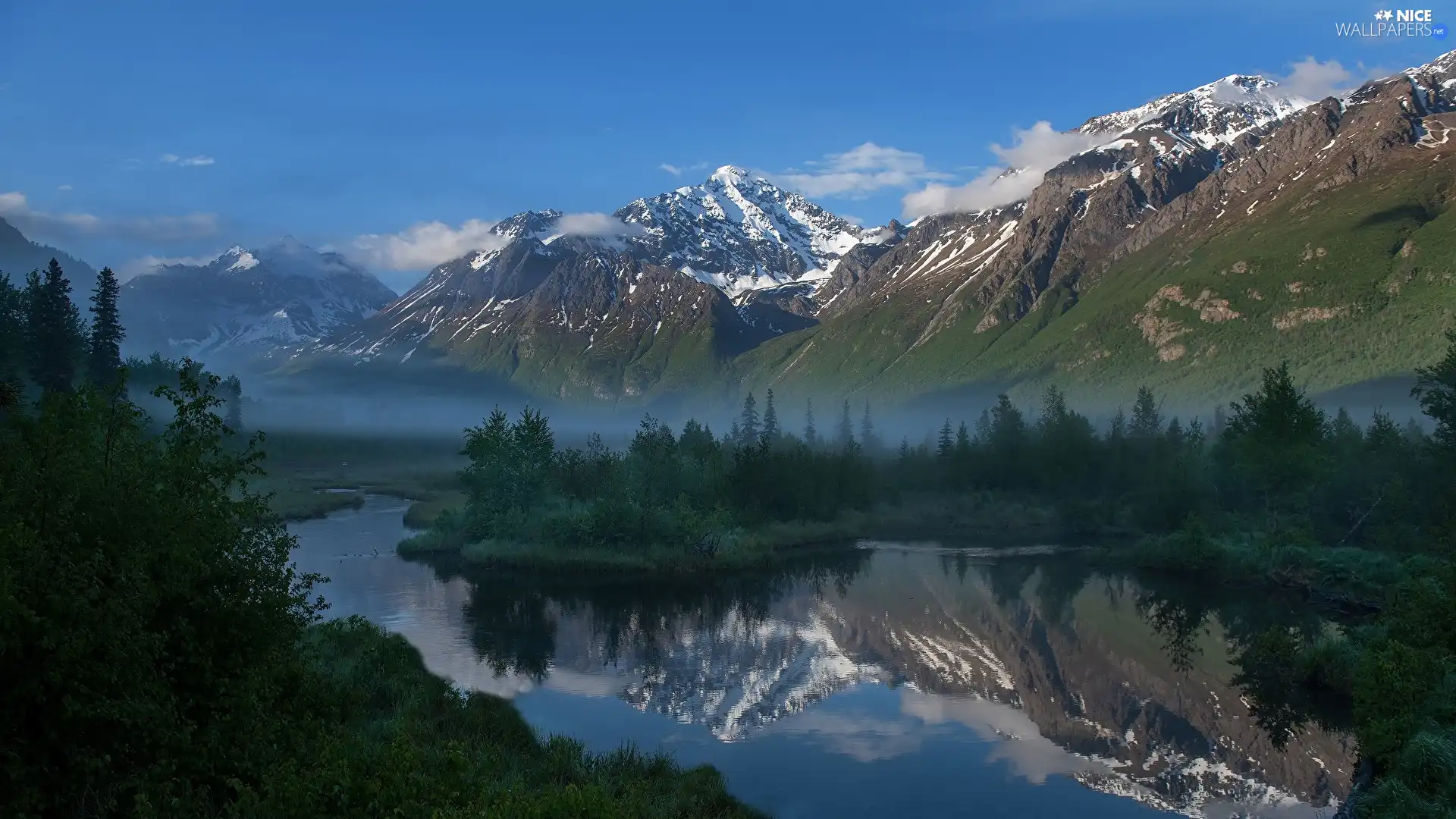 viewes, woods, River, trees, Mountains, Bush, Fog