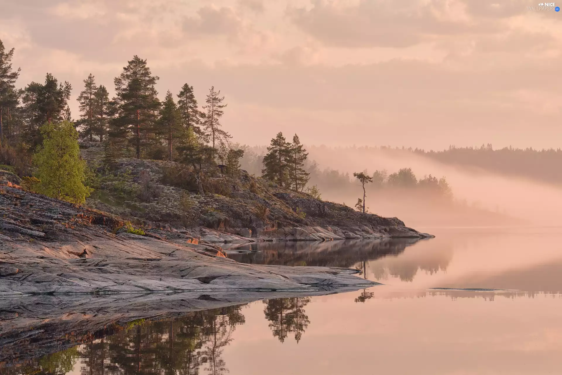 trees, viewes, Russia, reflection, Karelia, Fog, rocks, Lake Ladoga