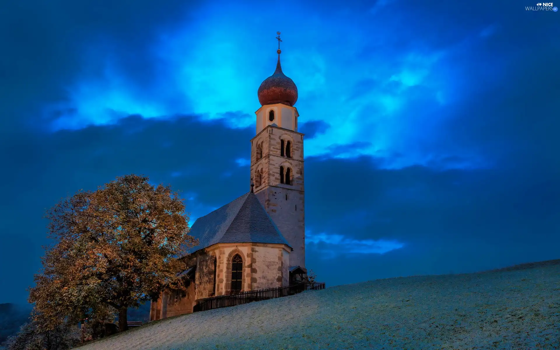 trees, church, Sky