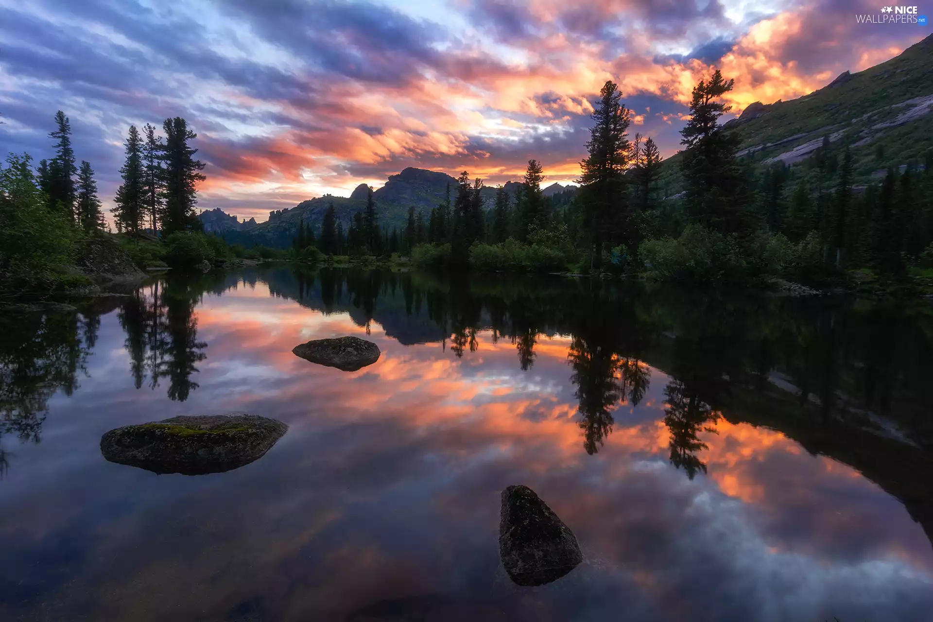viewes, Stones, Sky, trees, lake, Mountains, clouds