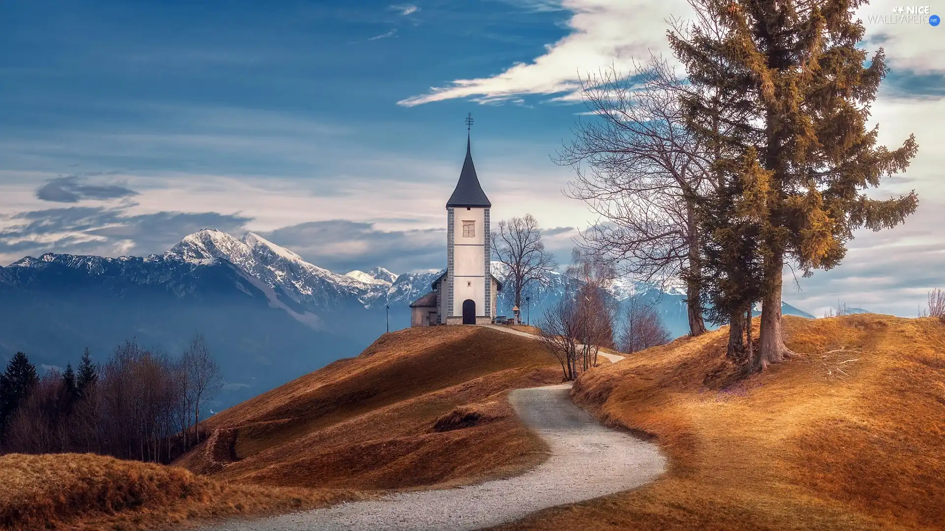 Village Begunje on Gorenjsk, Slovenia, autumn, Mountains, trees, viewes, Church of St. Peter, Way, Hill