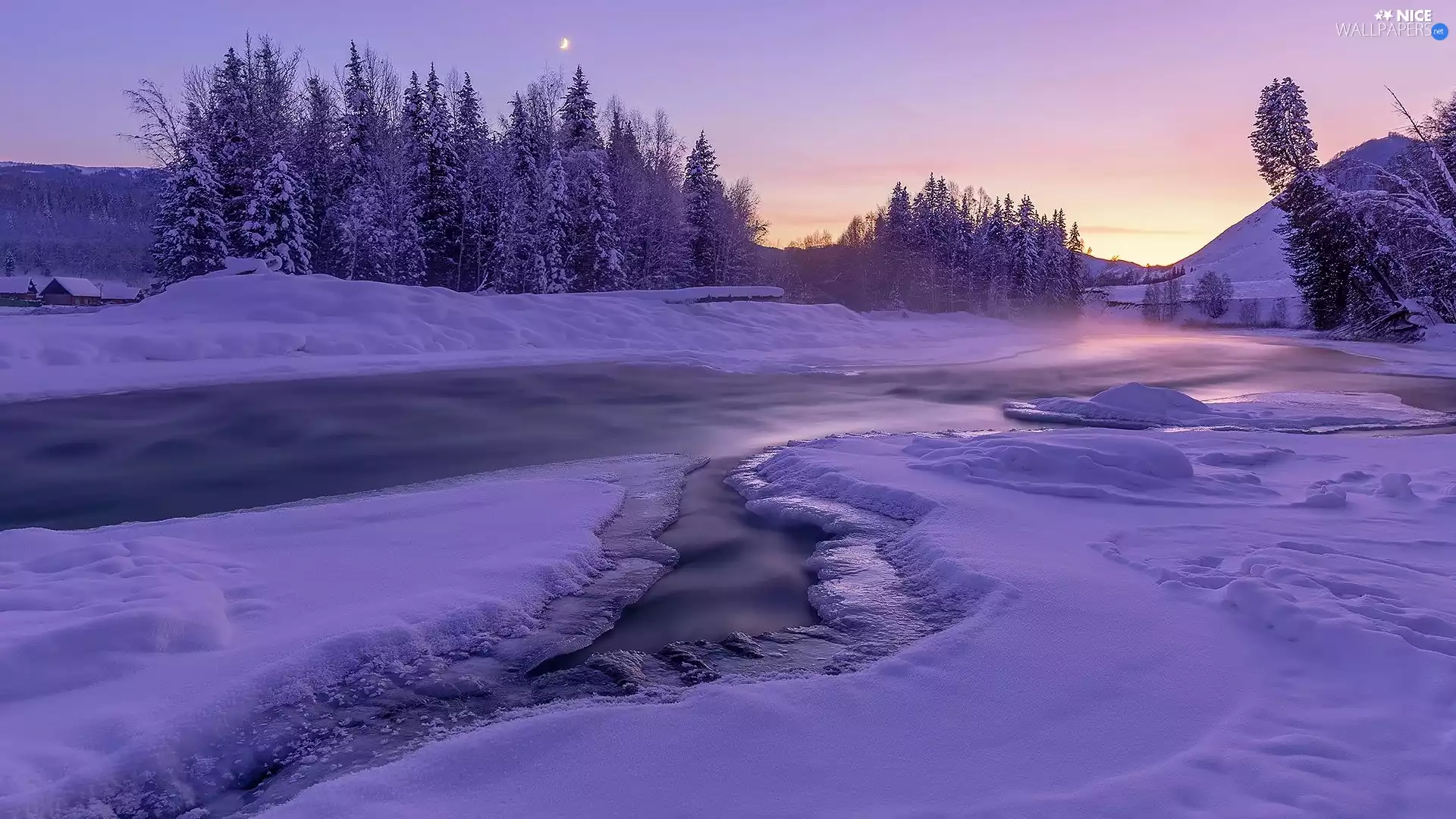 viewes, River, Sunrise, trees, winter, Houses, moon