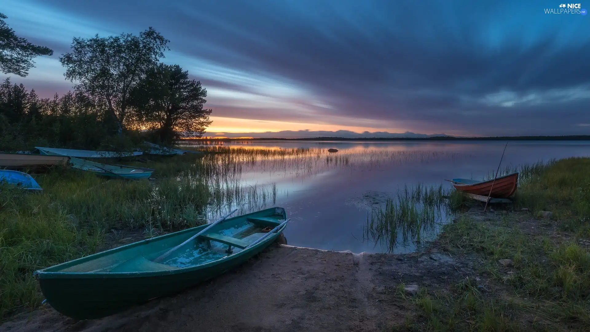 Lake Great Sunsets Trees Viewes Boats Clouds Nice Wallpapers