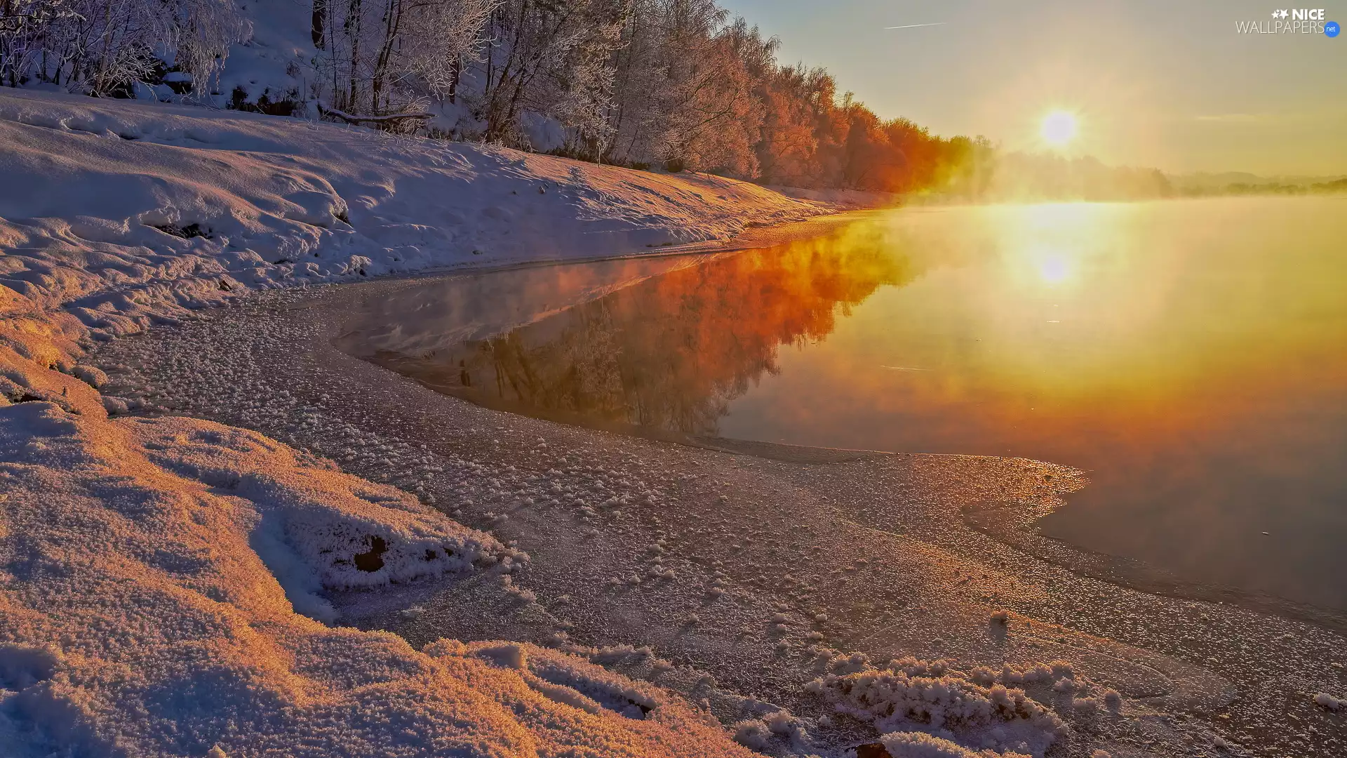 winter, Great Sunsets, trees, viewes, Snowy, lake