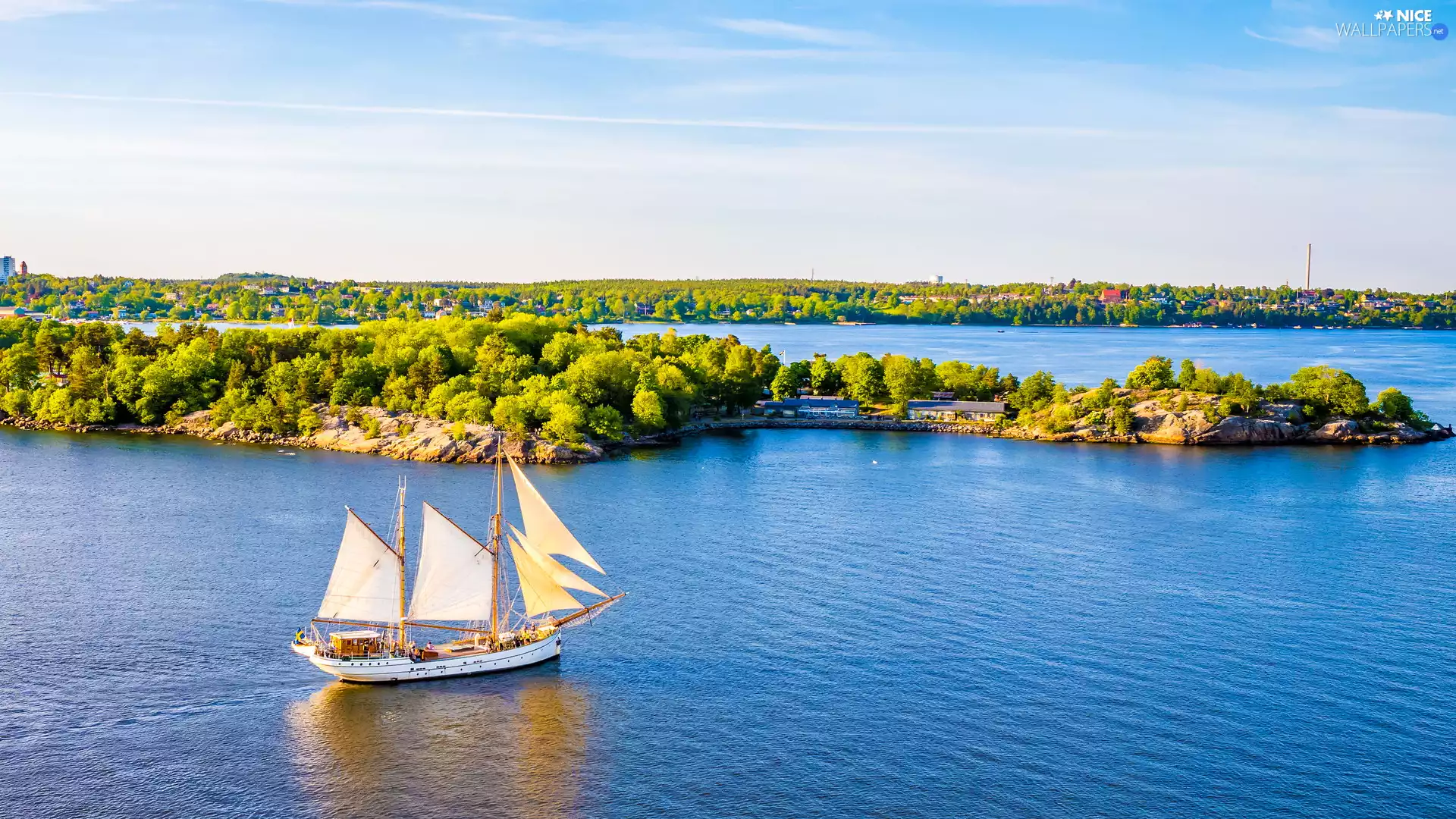 viewes, Bay, Vaxholm, trees, lake, Yacht, Sweden