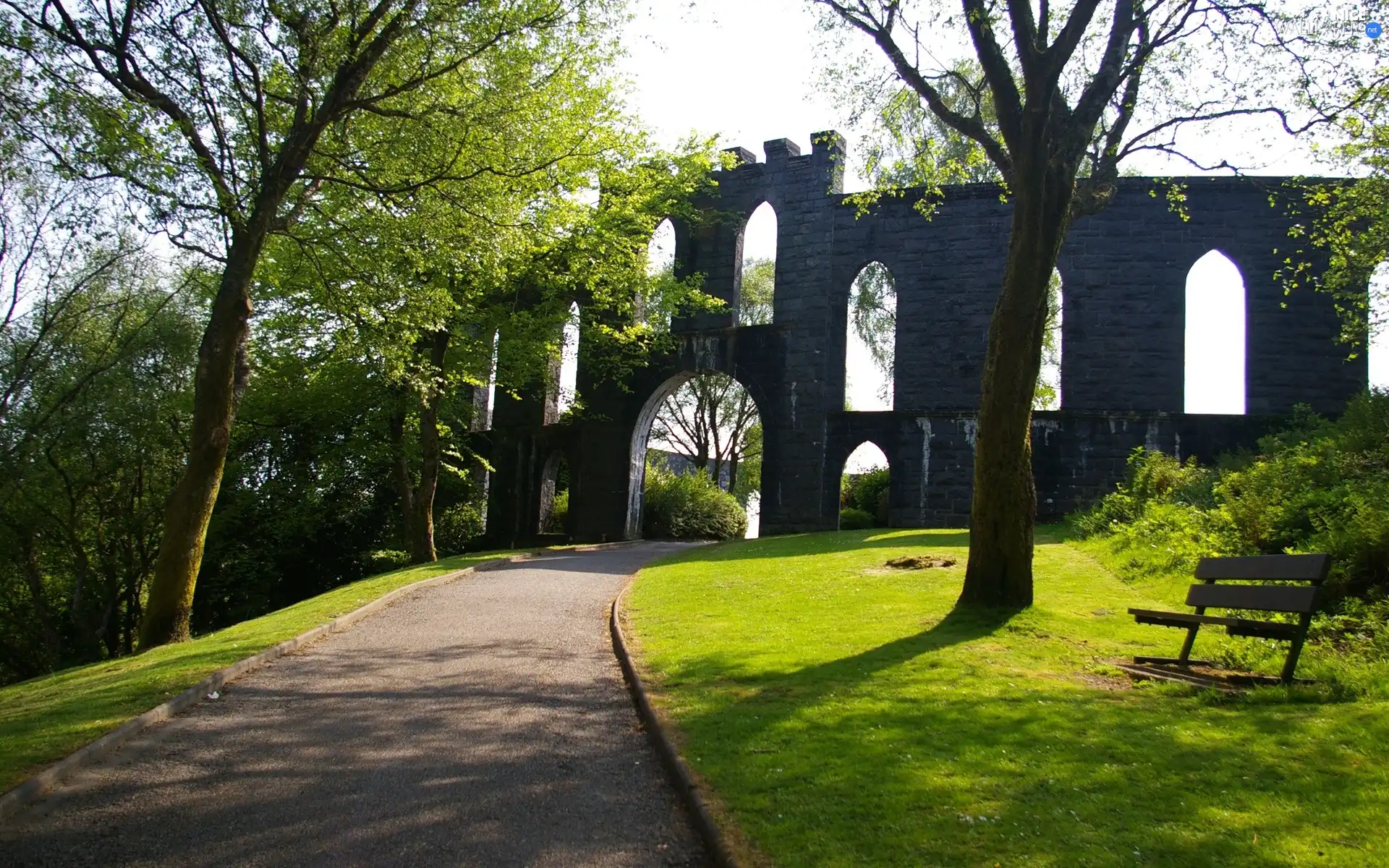 Gate, alley, trees, viewes, Bench, park