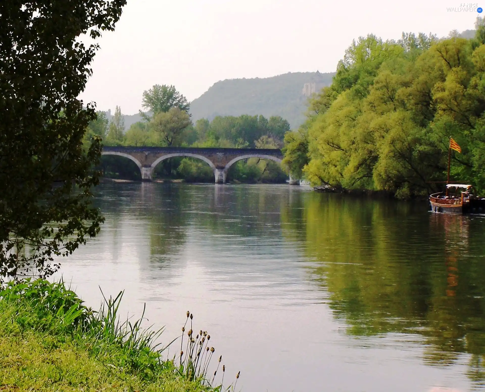 trees, viewes, water, bridge, Beynac