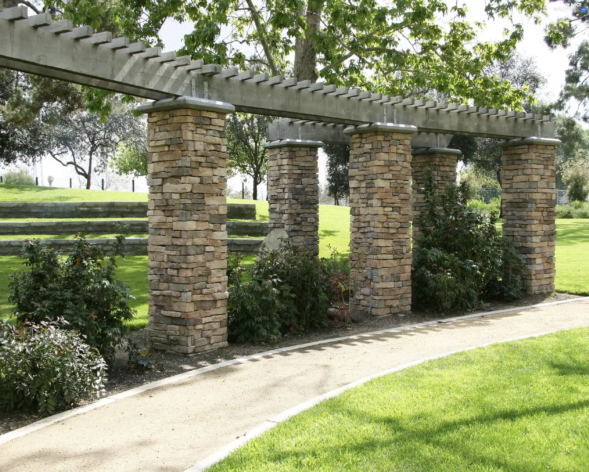 trees, viewes, column, Park, Brick