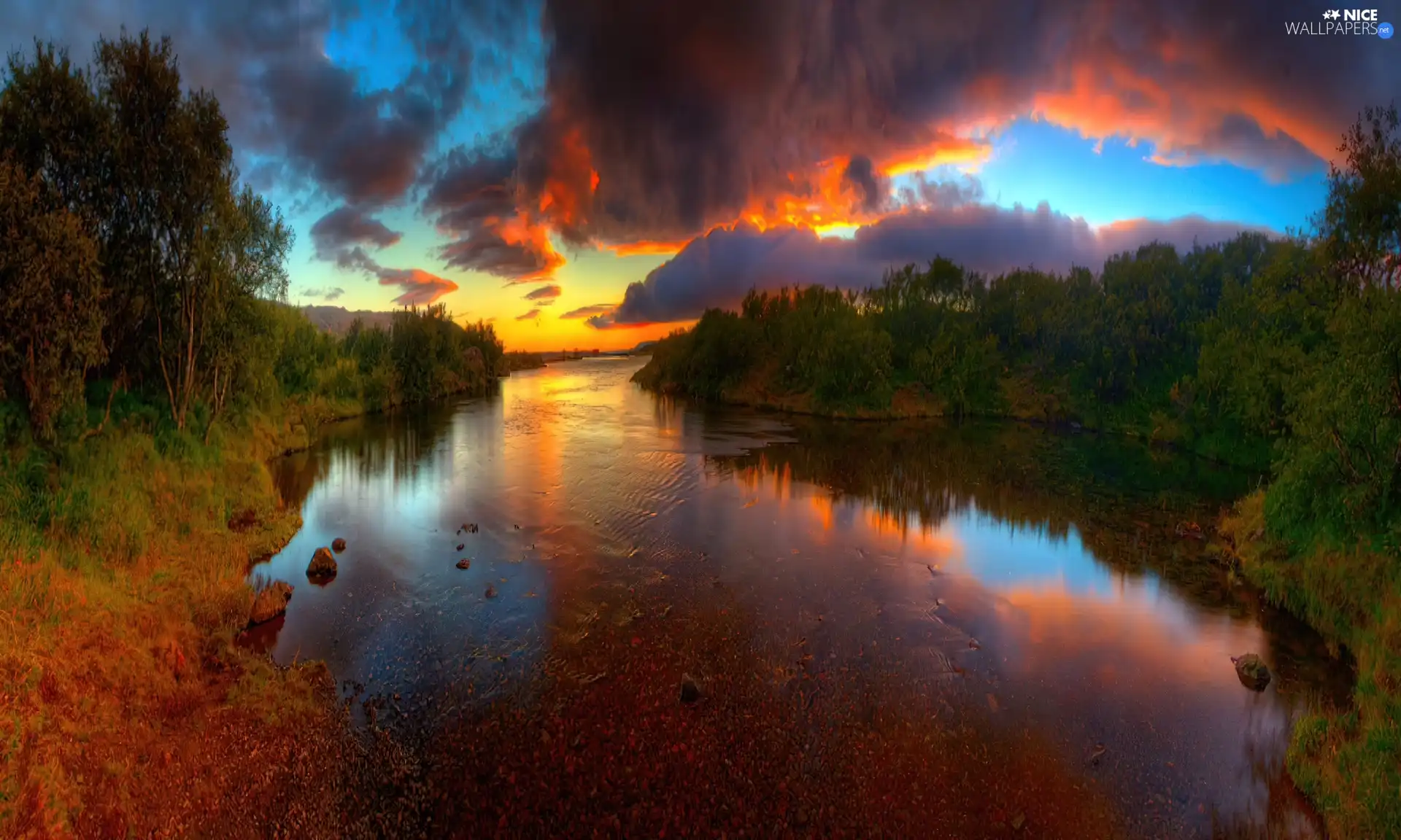 sun, River, trees, viewes, clouds, west