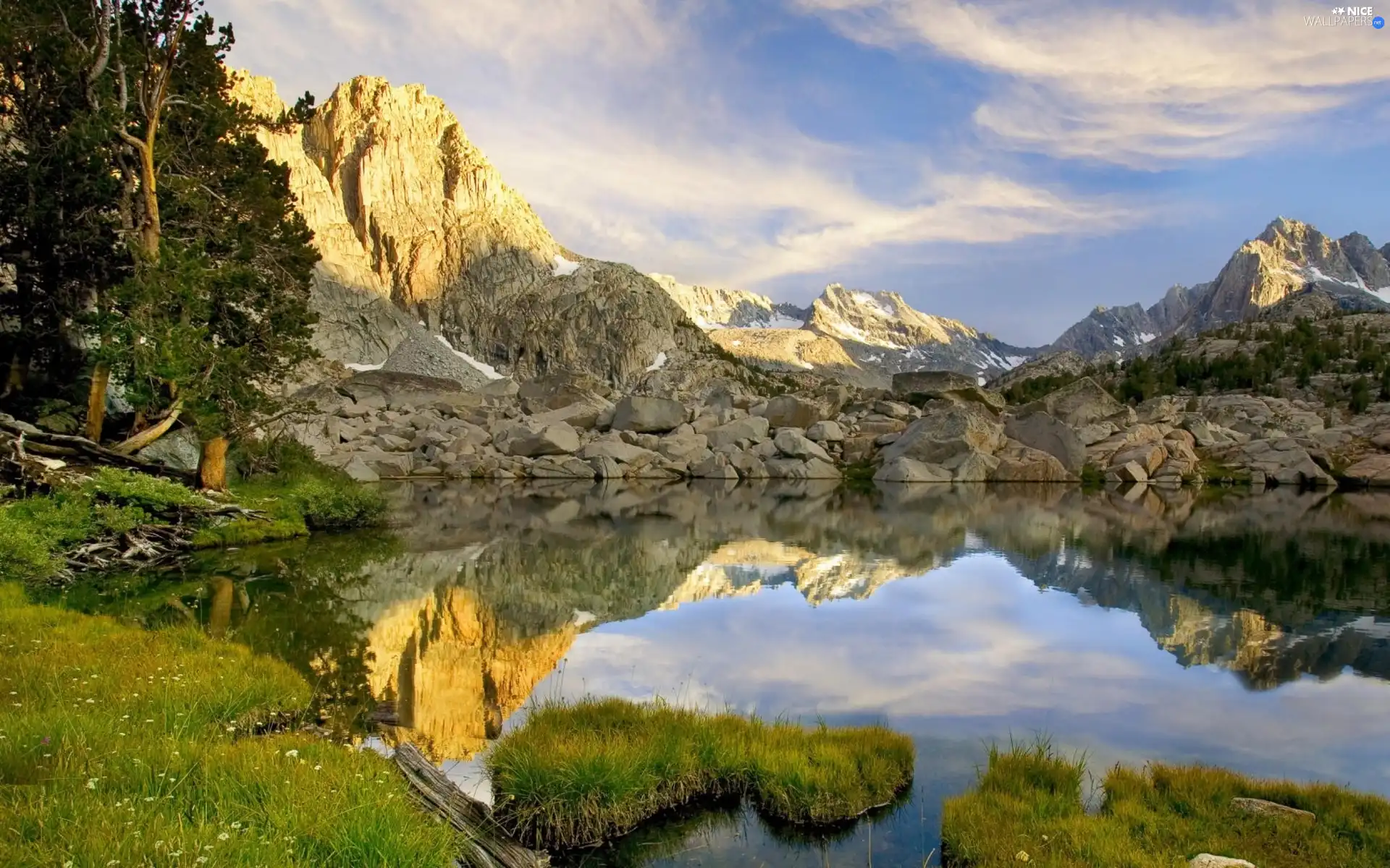 rocks, lake, trees, viewes, grass, Mountains