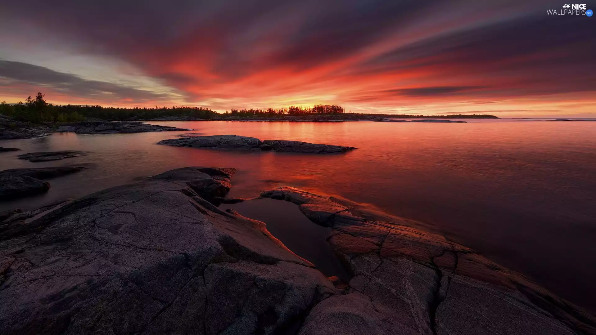 trees, Russia, clouds, rocks, Lake Ladoga, viewes, Great Sunsets