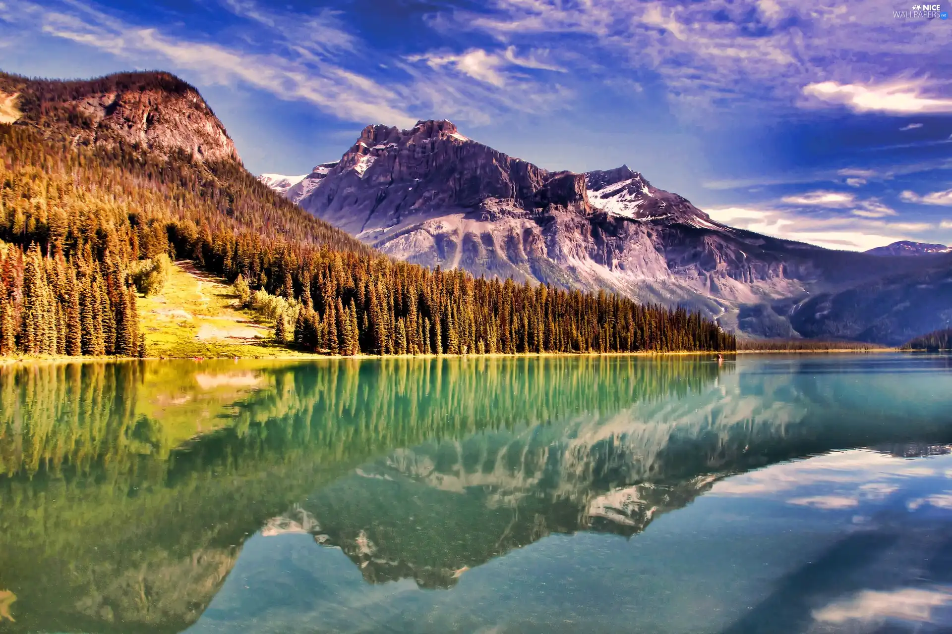 trees, viewes, Mountains, reflection, lake