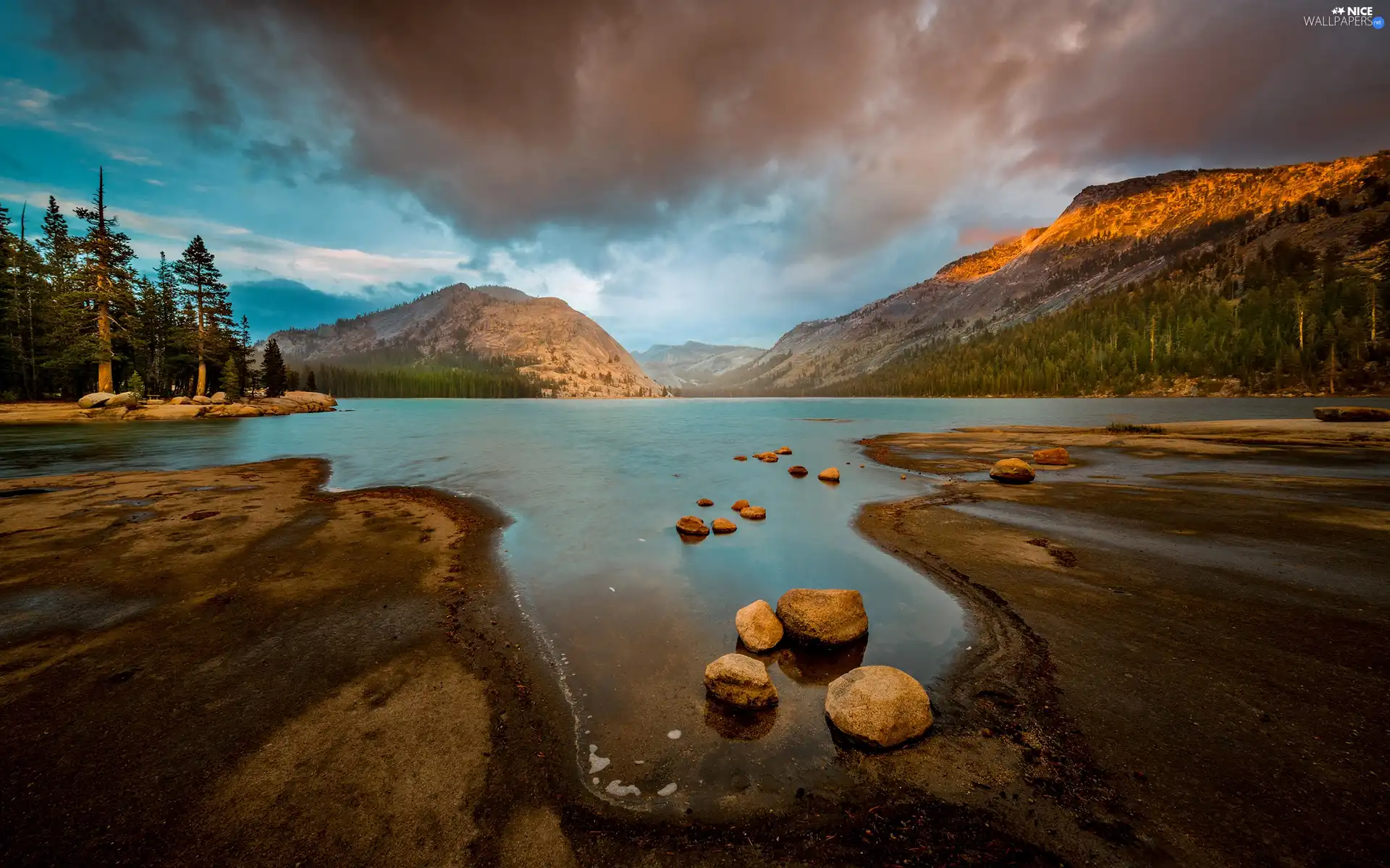 trees, viewes, Mountains, Stones, lake