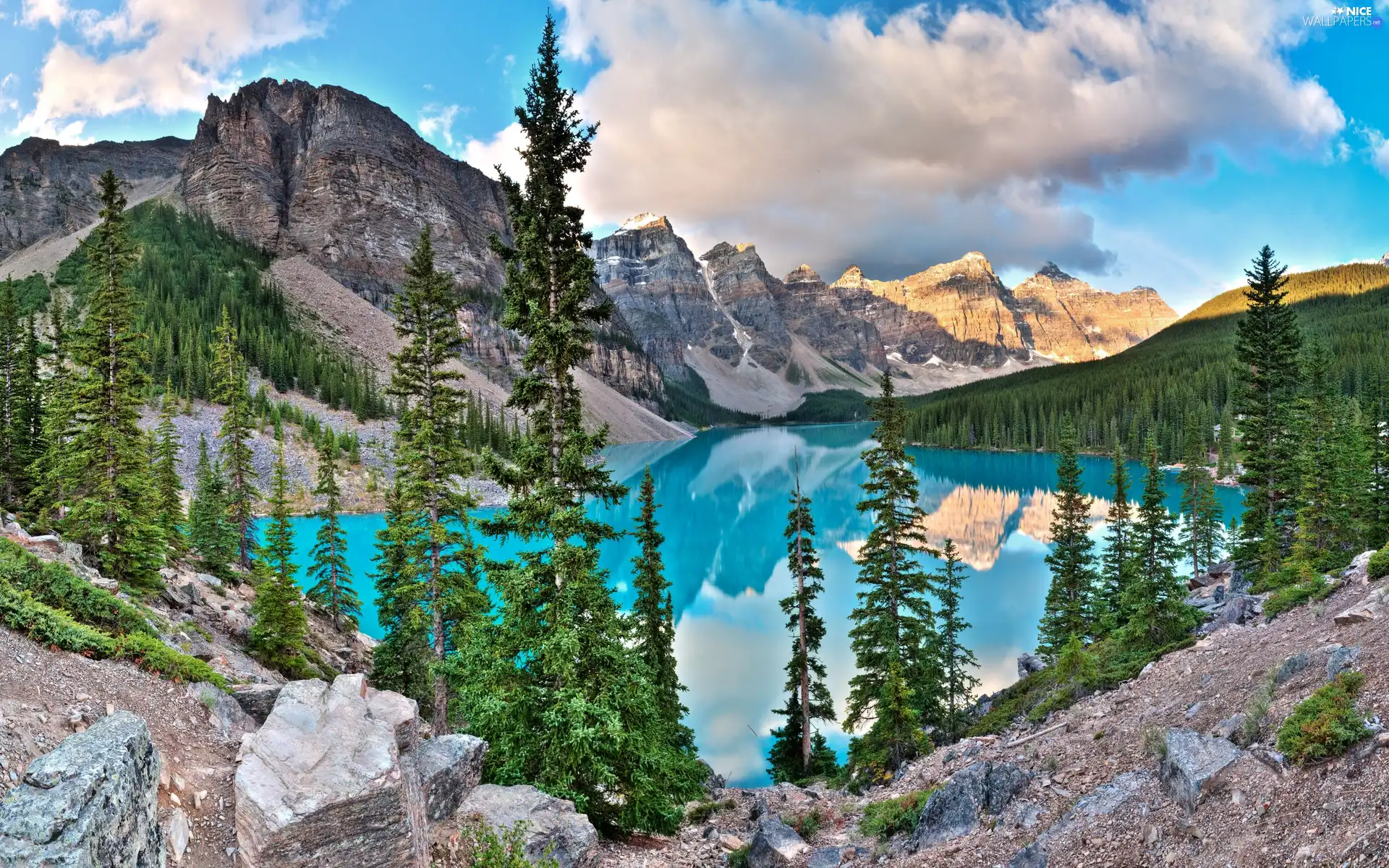 trees, viewes, clouds, lake, Mountains