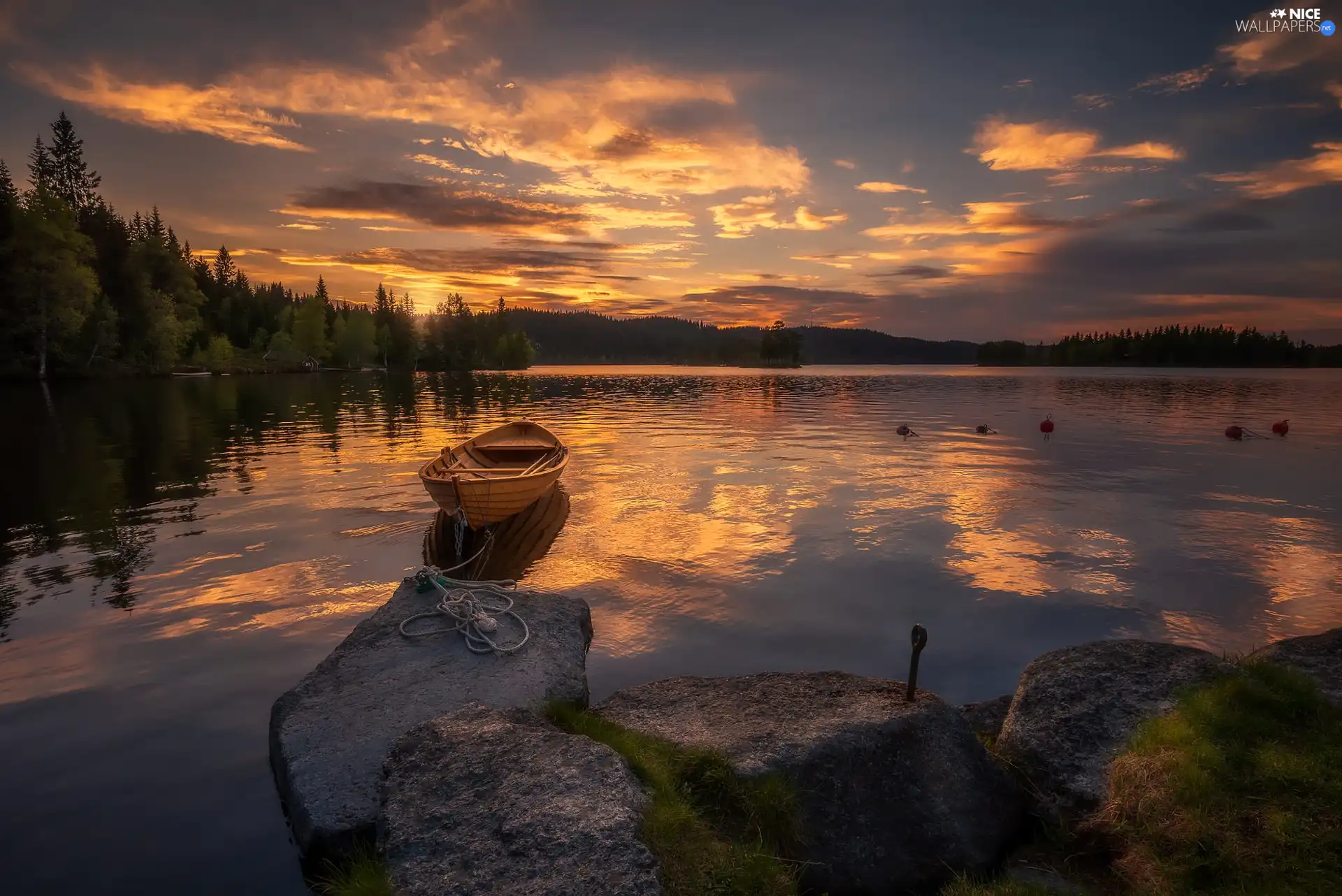 Ringerike Municipality, Norway, Great Sunsets, lake, trees, viewes, Boat, forest, Stones