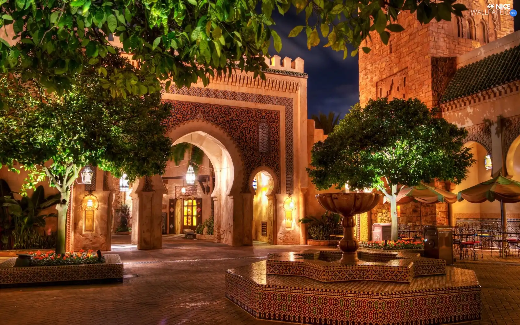 trees, viewes, cafe, fountain, Restaurant