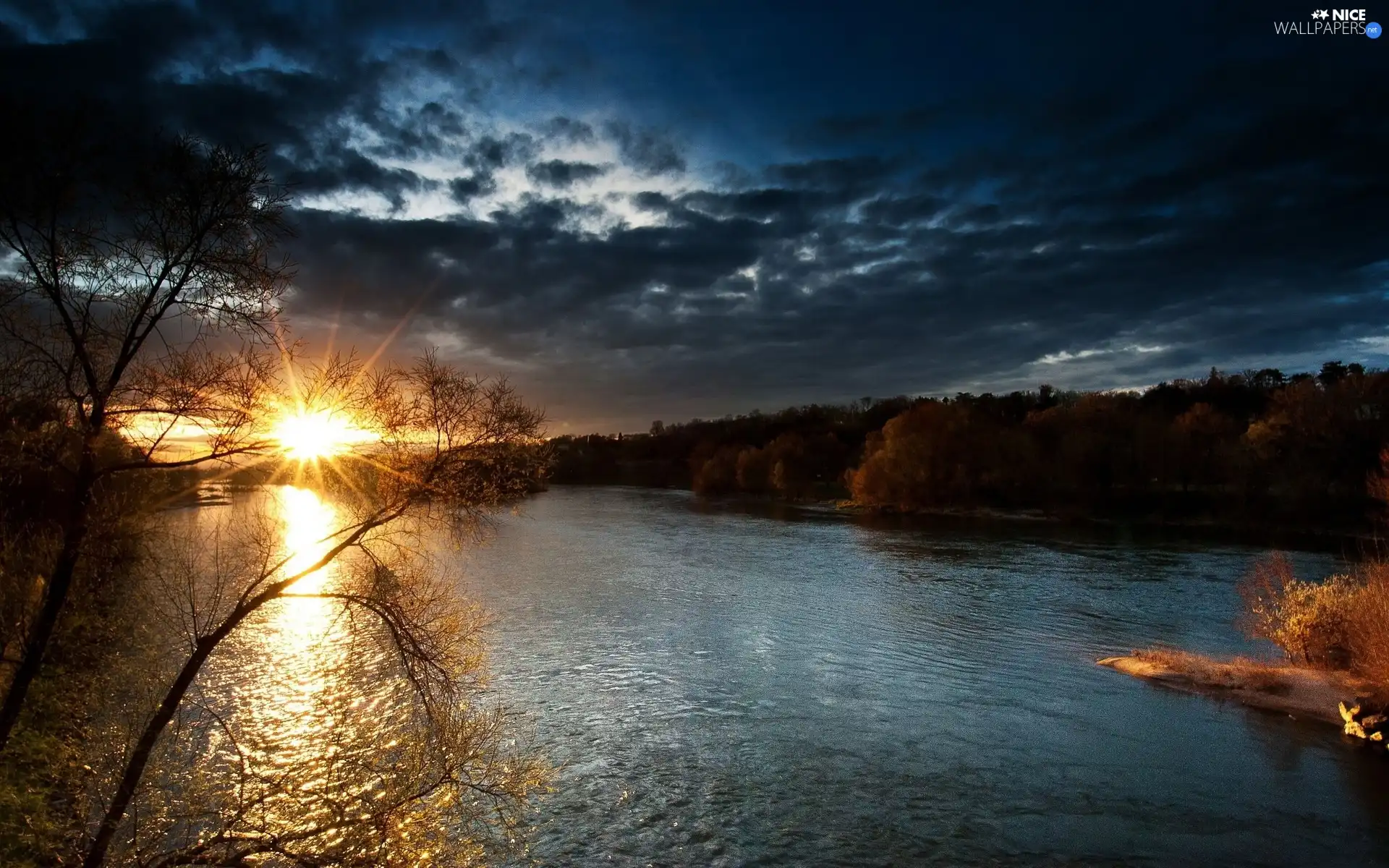 rays, River, trees, viewes, sun, clouds