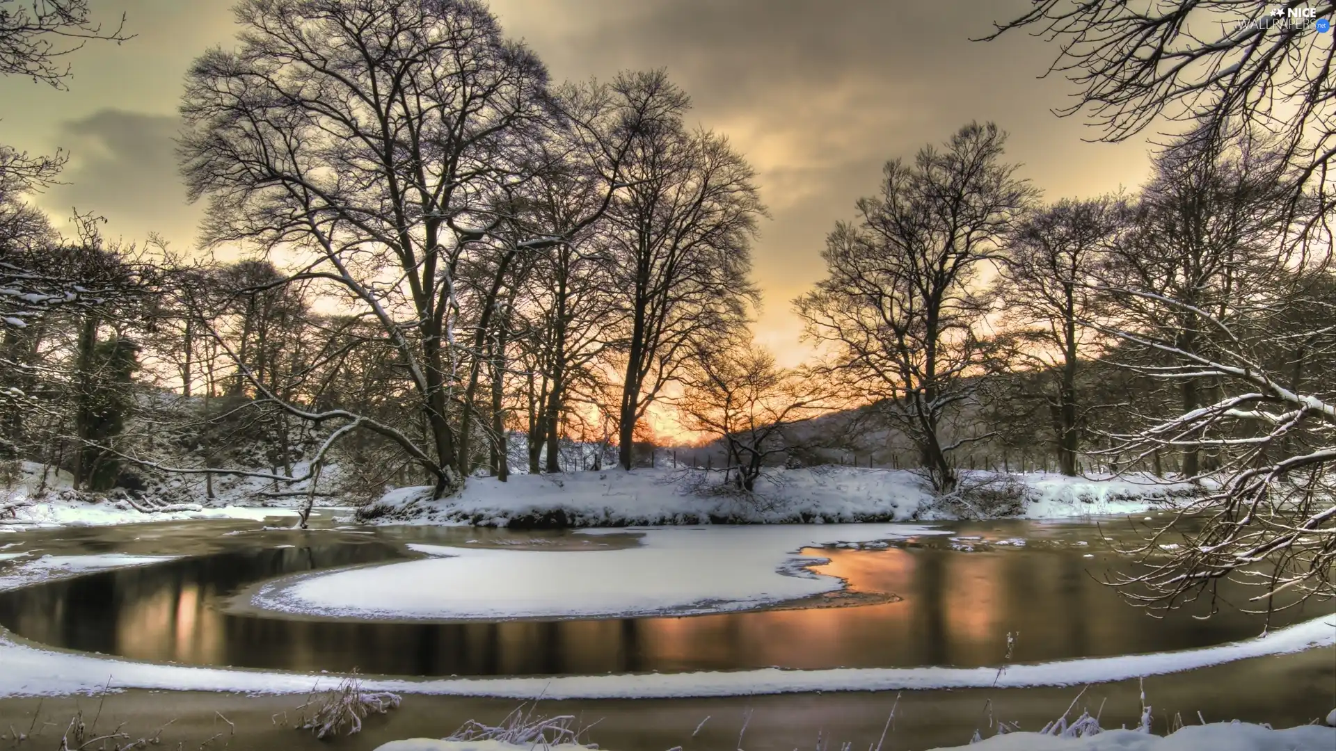 west, winter, trees, viewes, sun, River