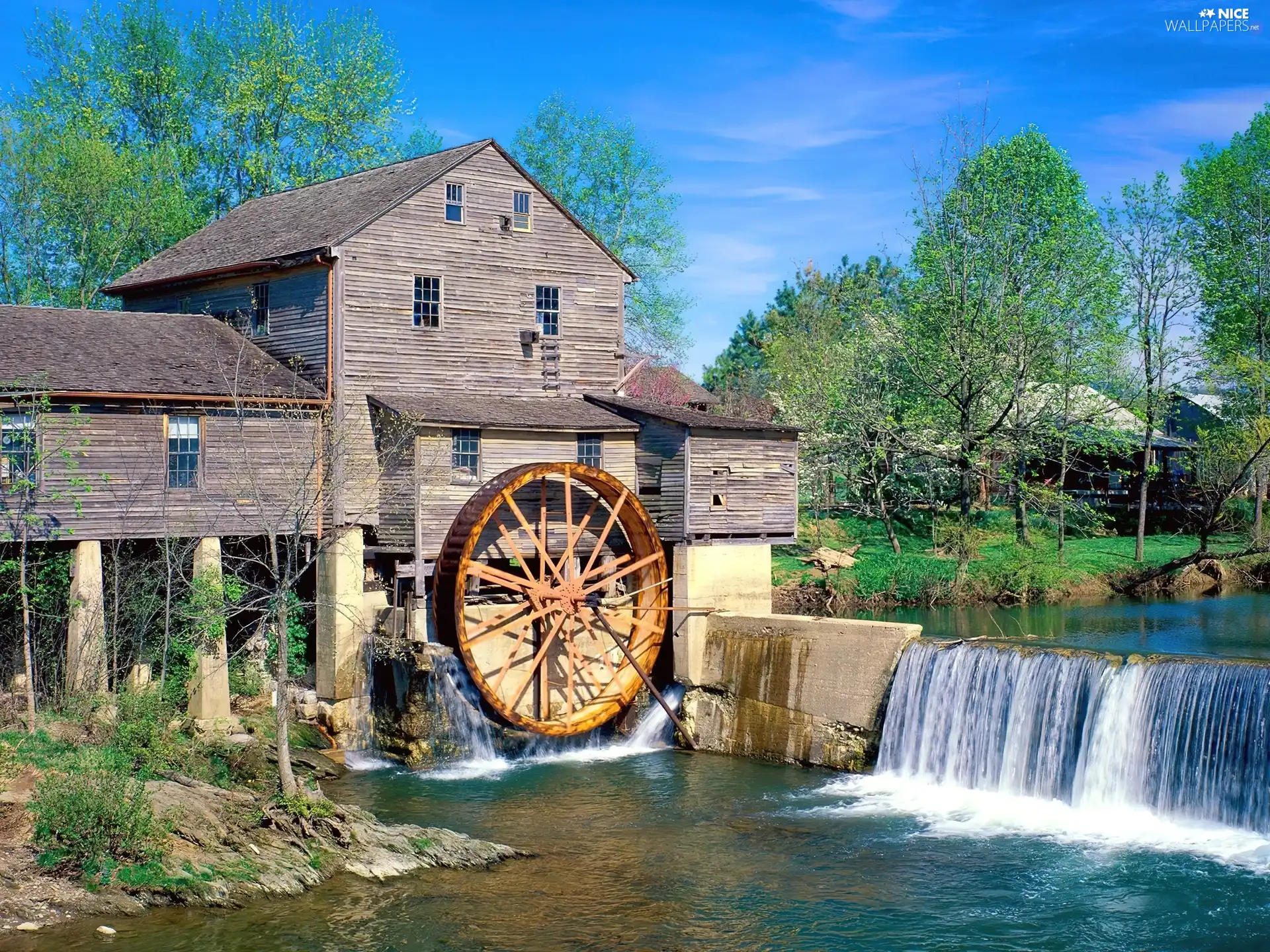 trees, viewes, cascade, water, Windmill