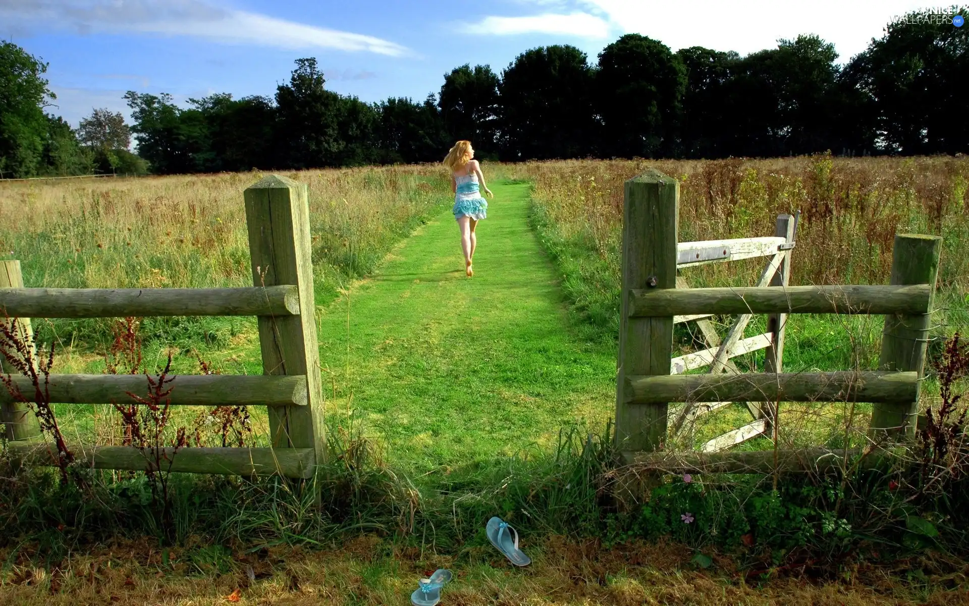 Path, fence, trees, viewes, Women, Meadow