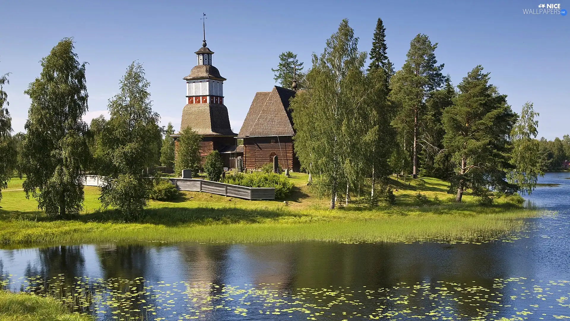 trees, viewes, Church, River, wooden