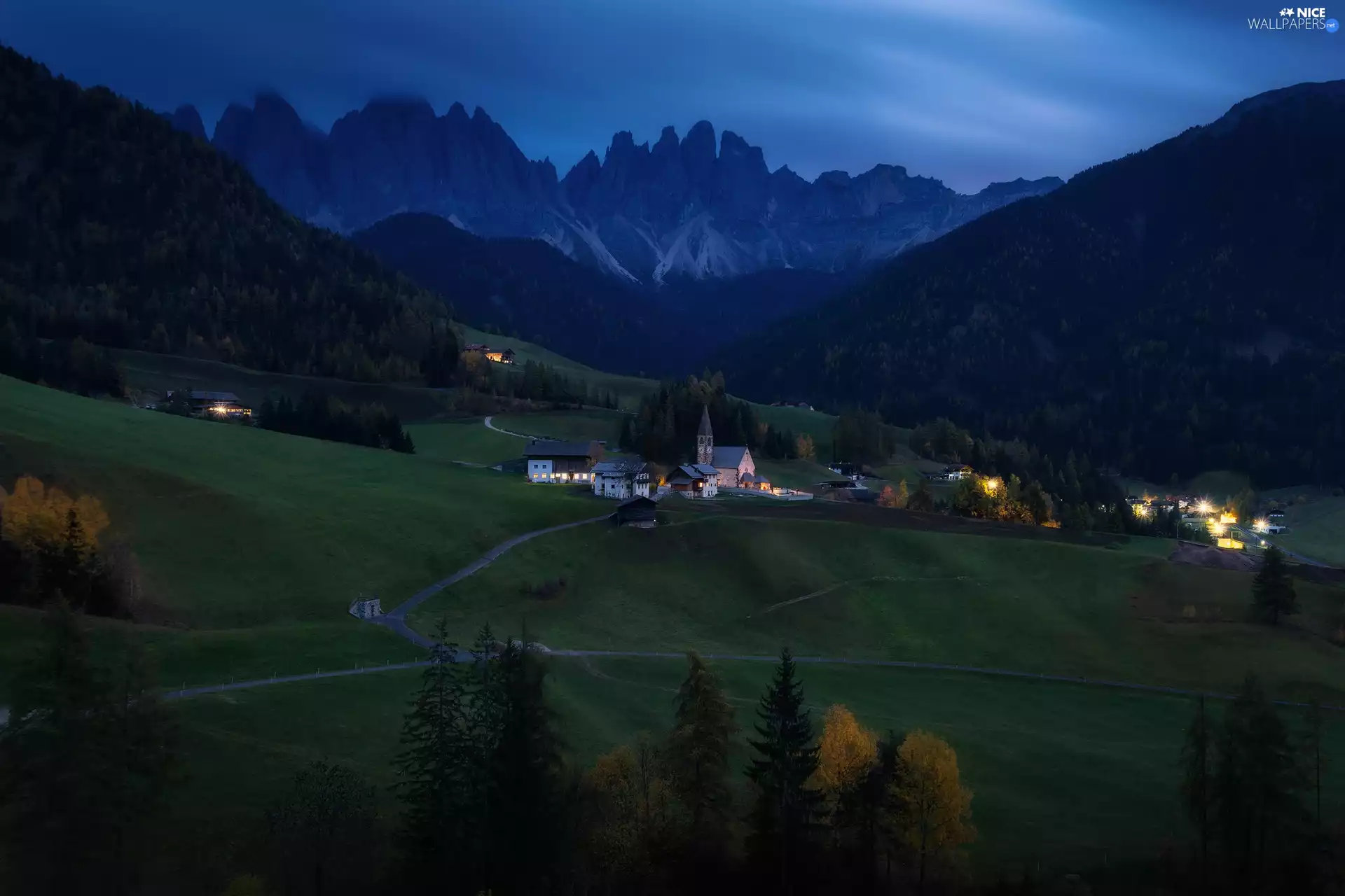 Mountains, Italy, woods, Dolomites, viewes, twilight, Church, Village of Santa Maddalena, Val di Funes Valley, Houses, trees