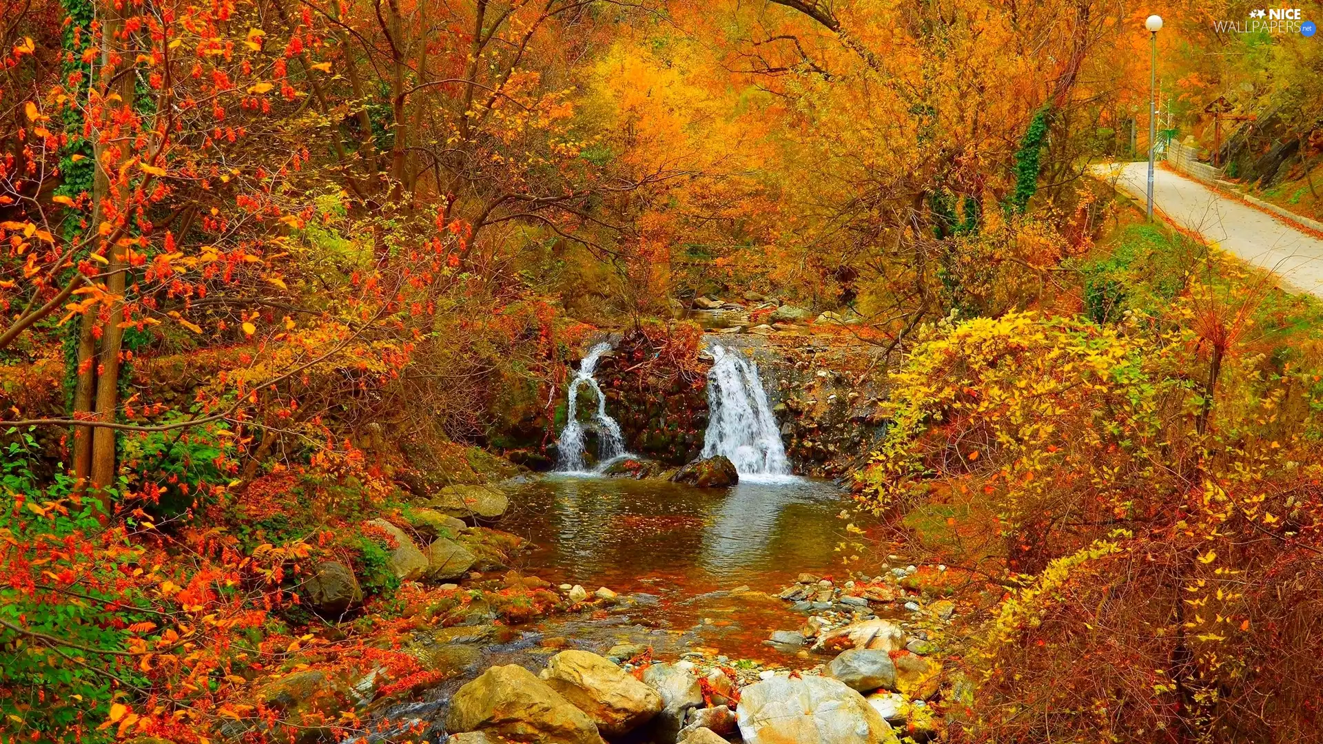 viewes, Stones, Way, trees, River, autumn, Lighthouse